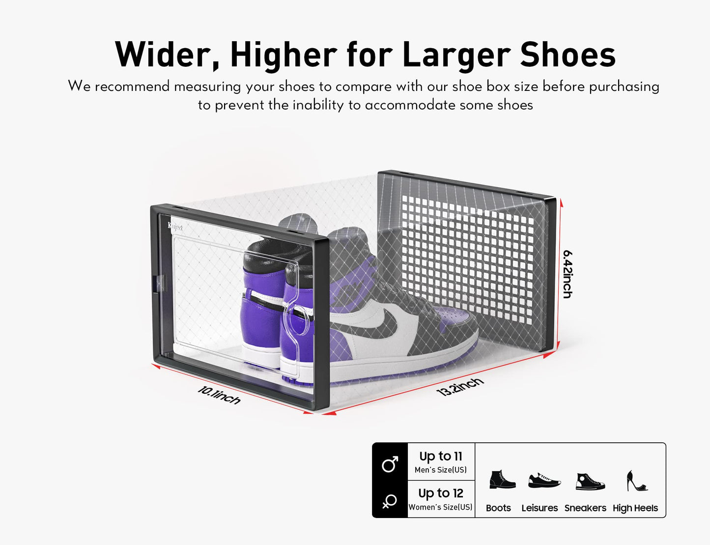 Kuject Large Shoe Boxes, Clear Stackable Shoes Storage Organiser, Fit Size 12, Plastic Sneakers Containers, Great Substitute for Shoe Rack, Space