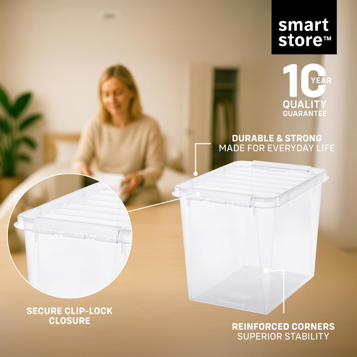 SmartStore - 3x Plastic Storage Box with Lid Classic 52L (50x39x41cm) |Plastic Storage Drawers with Lid|Food-Safe Material|Kitchen &