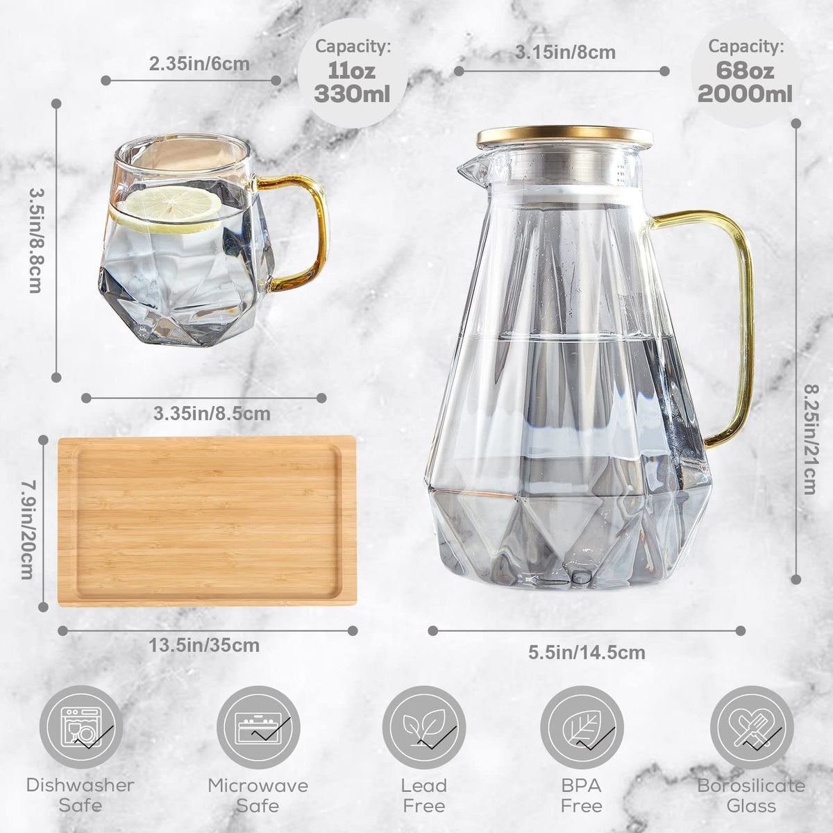 DUJUST Black Diamond Glass Pitcher with 4 Cups, 1 Tray, Elegant Design Water Pitcher with Handle, Decoration for Room, High Durability Water Glass