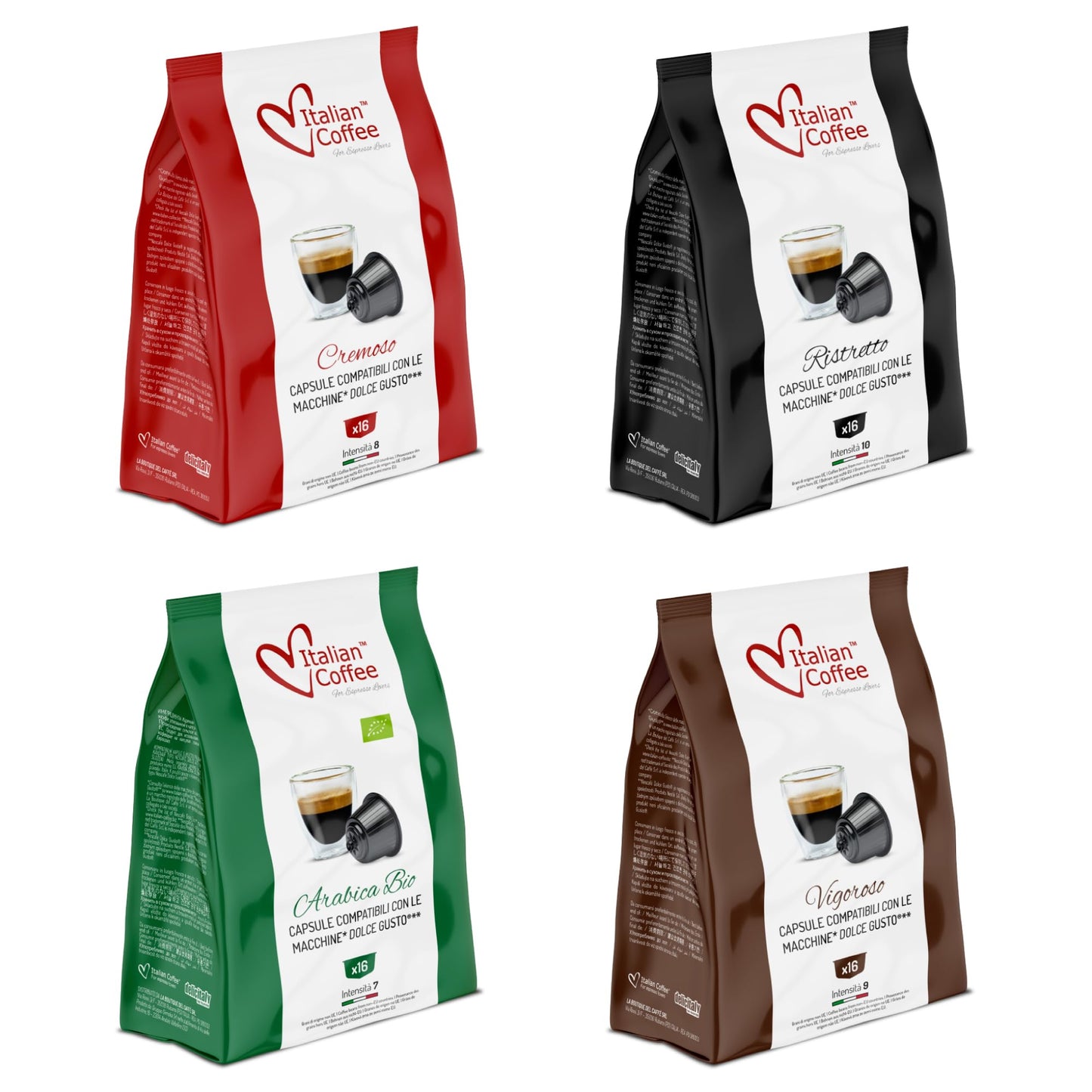 Italian Coffee, 64 Coffee Capsules Compatible with Nescaf?? Dolce Gusto? ? Assorted Espresso Bundle, Cremoso, Vigoroso, Arabica Bio, Ristretto, Four