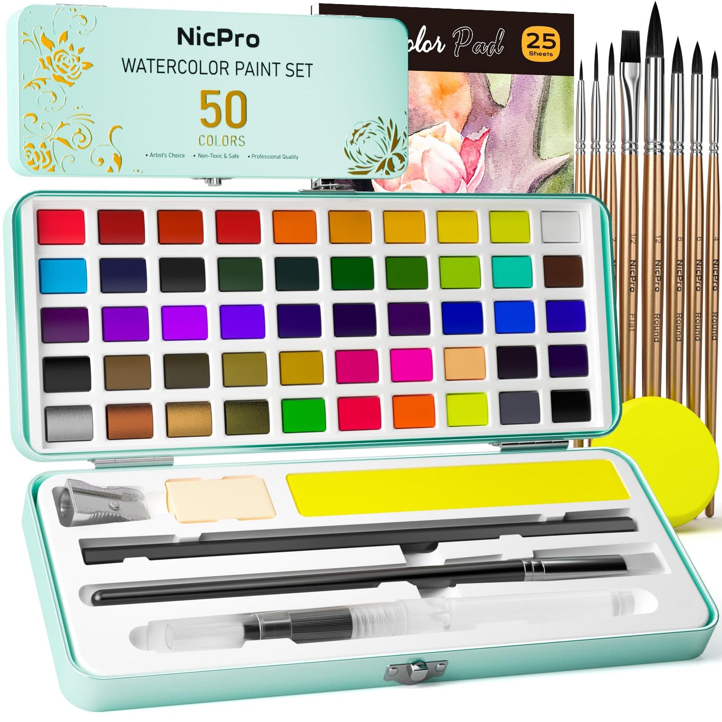 Nicpro 50 Colors Watercolour Paint Set, Include Metallic & Fluorescent Color, 8 Synthetic Squirrel Brushes, 25 Water Colour Paper & Palette, Art
