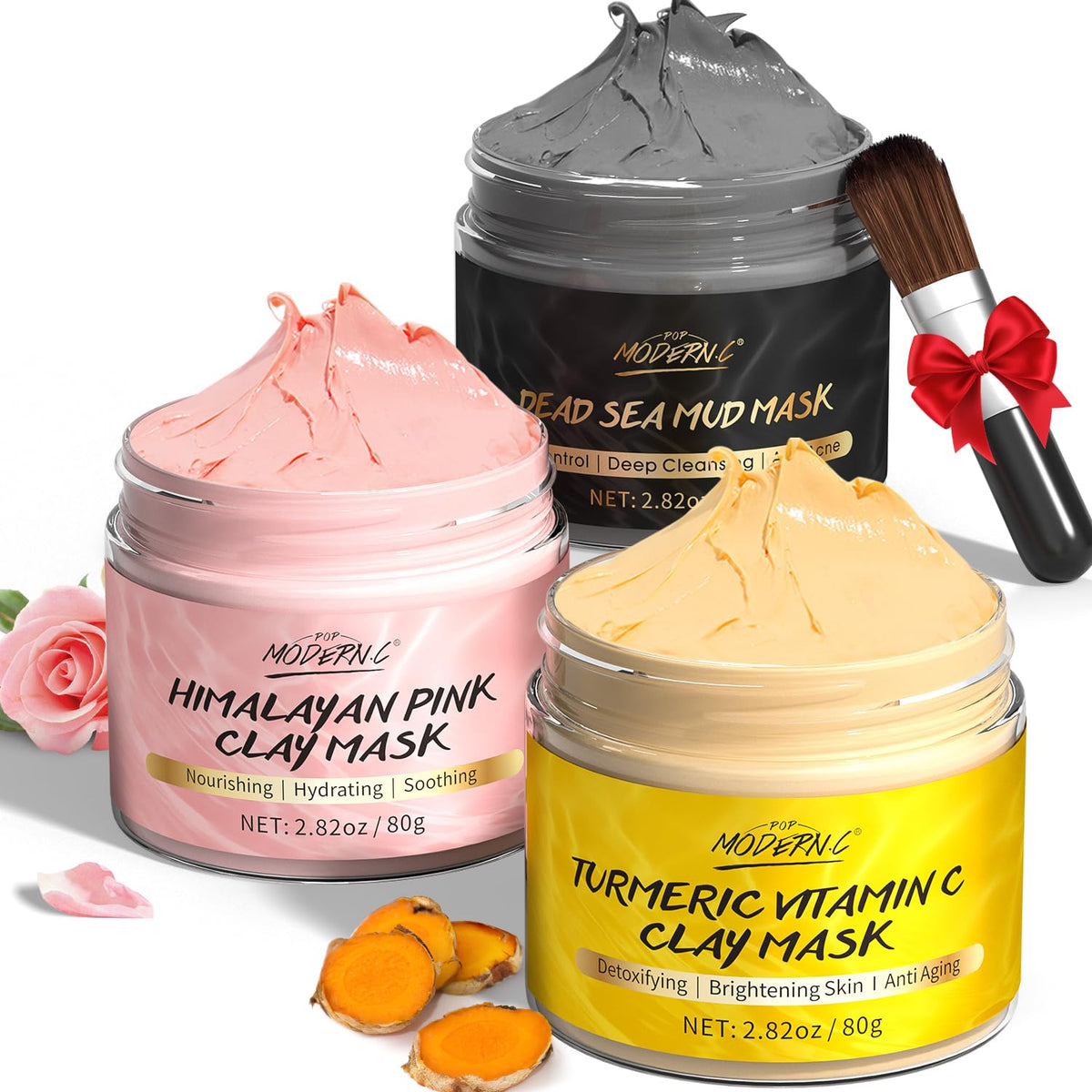 Clay Mask Kit, Turmeric Vitamin C Clay Mask, Dead Sea Mud Mask, Himalayan Clay Mask, Face Masks Set Skincare for Deep Cleansing Refining Pores, Reduce