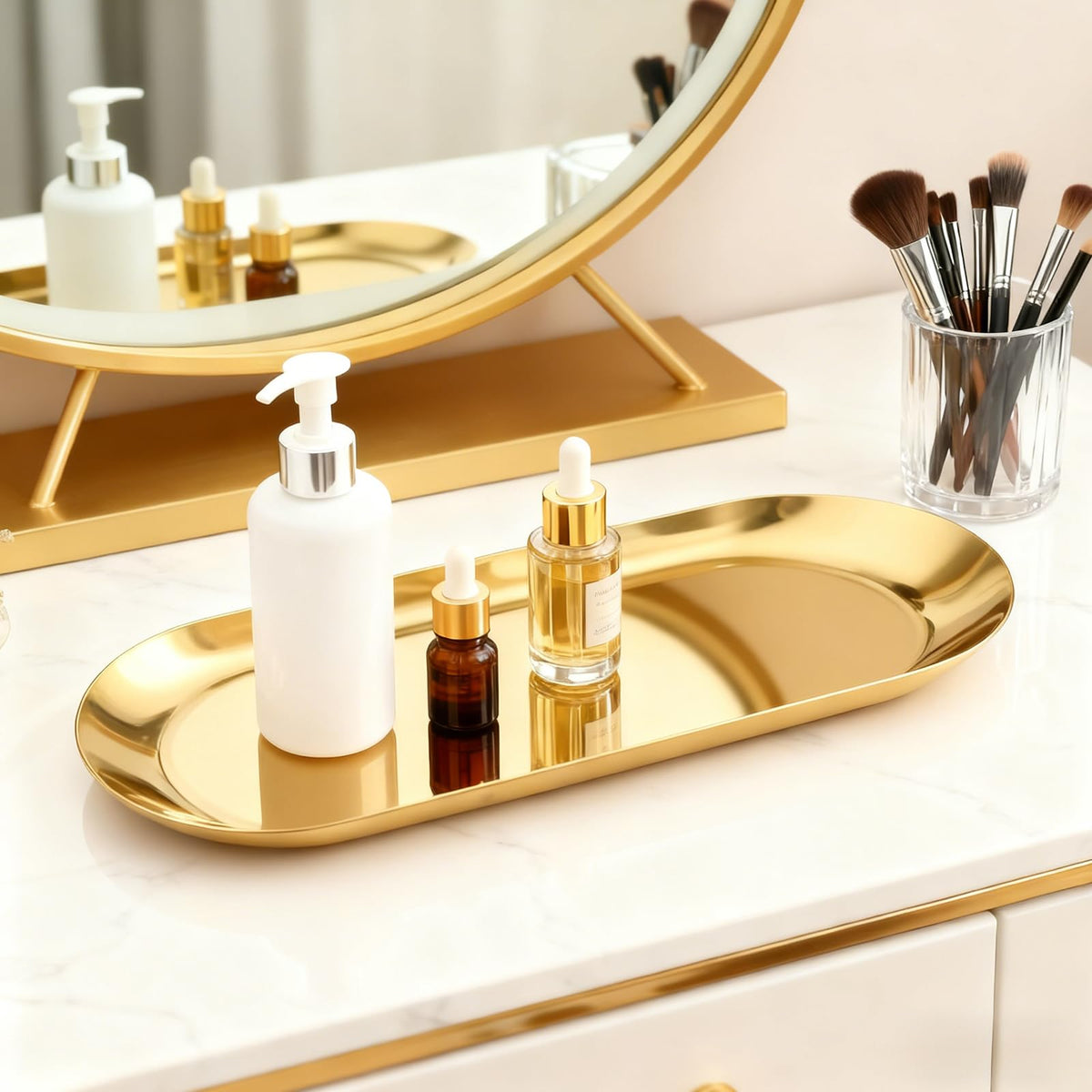 HAFRILY 2Pcs Oval Trinket Dish Stainless Steel Gold Tray Elegant Retro Jewellery Perfume Storage Decorative Tray Small Cosmetics Trays for Bedroom