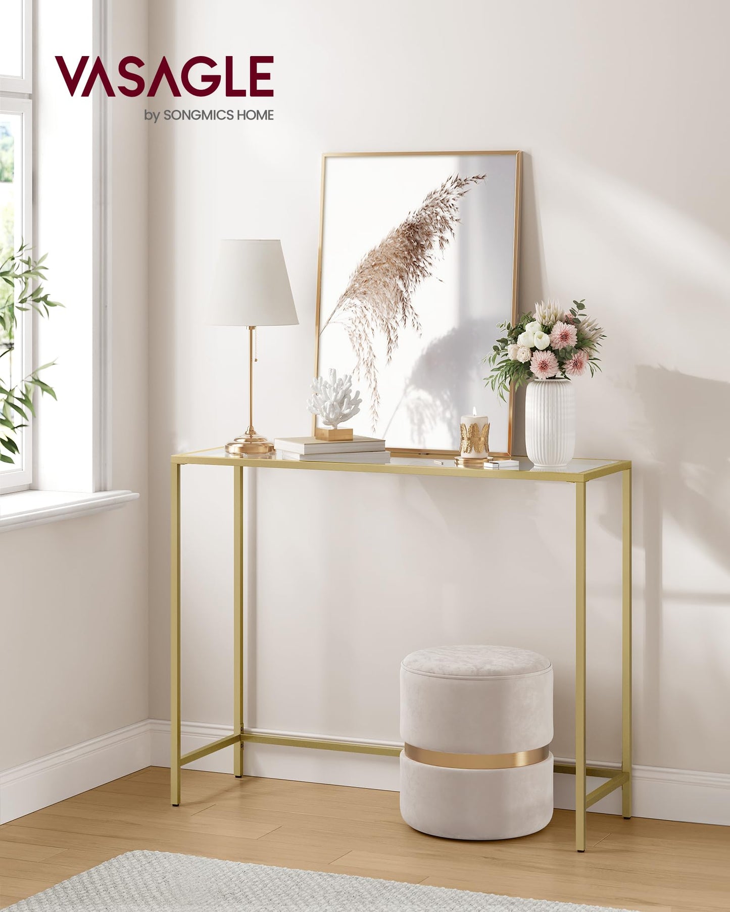 VASAGLE Console Table, Tempered Glass Table Top, Metal Frame, Heavy Duty, Adjustable Legs, for Living Room, Entryway, Hallway, Gold LGT26G