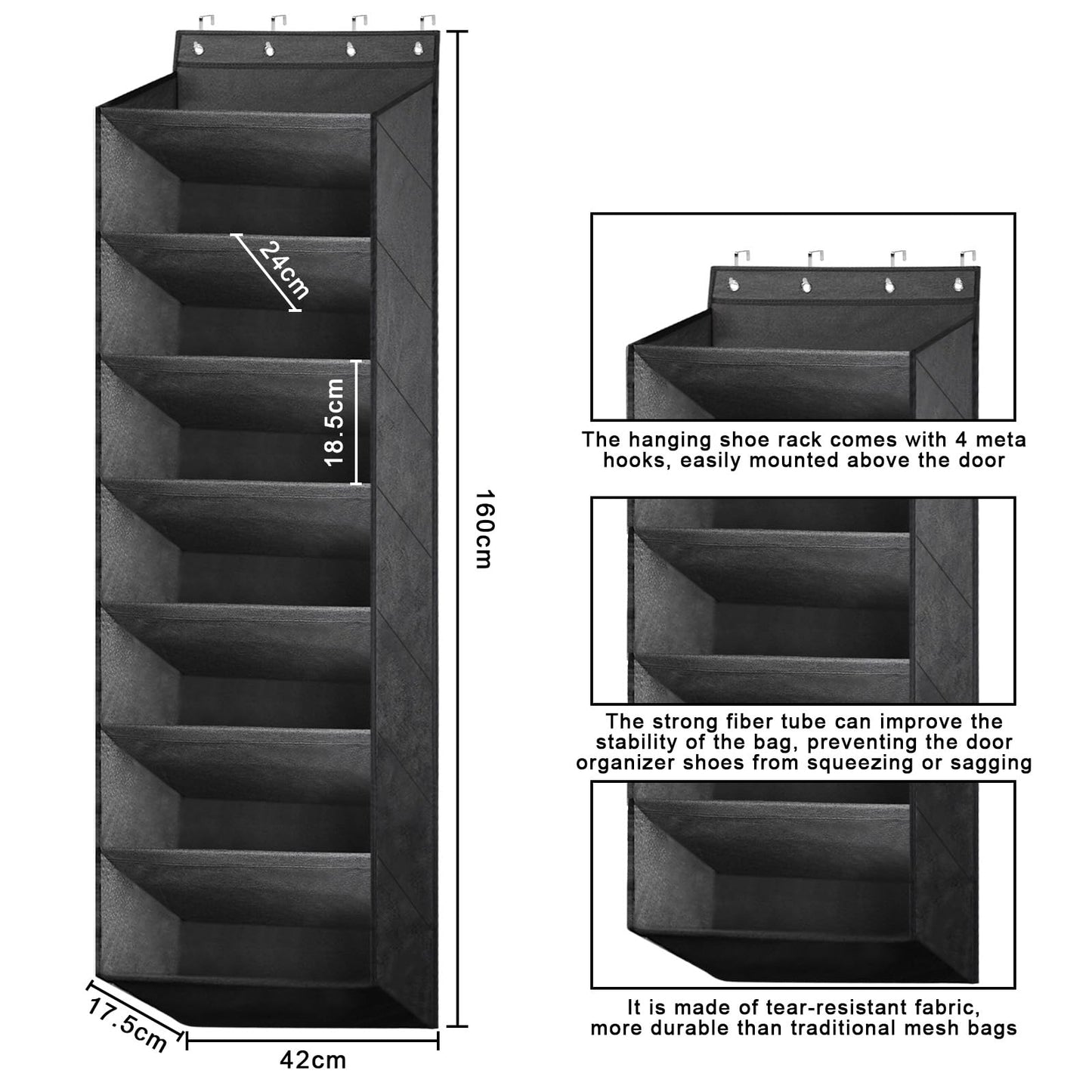 bssmmai Over Door Shoe Storage, Hanging Shoe Storage, Door Shoe Rack with 8 Deep Pockets, Overdoor Shoe Storage Organiser with 4 sturdy metal hooks