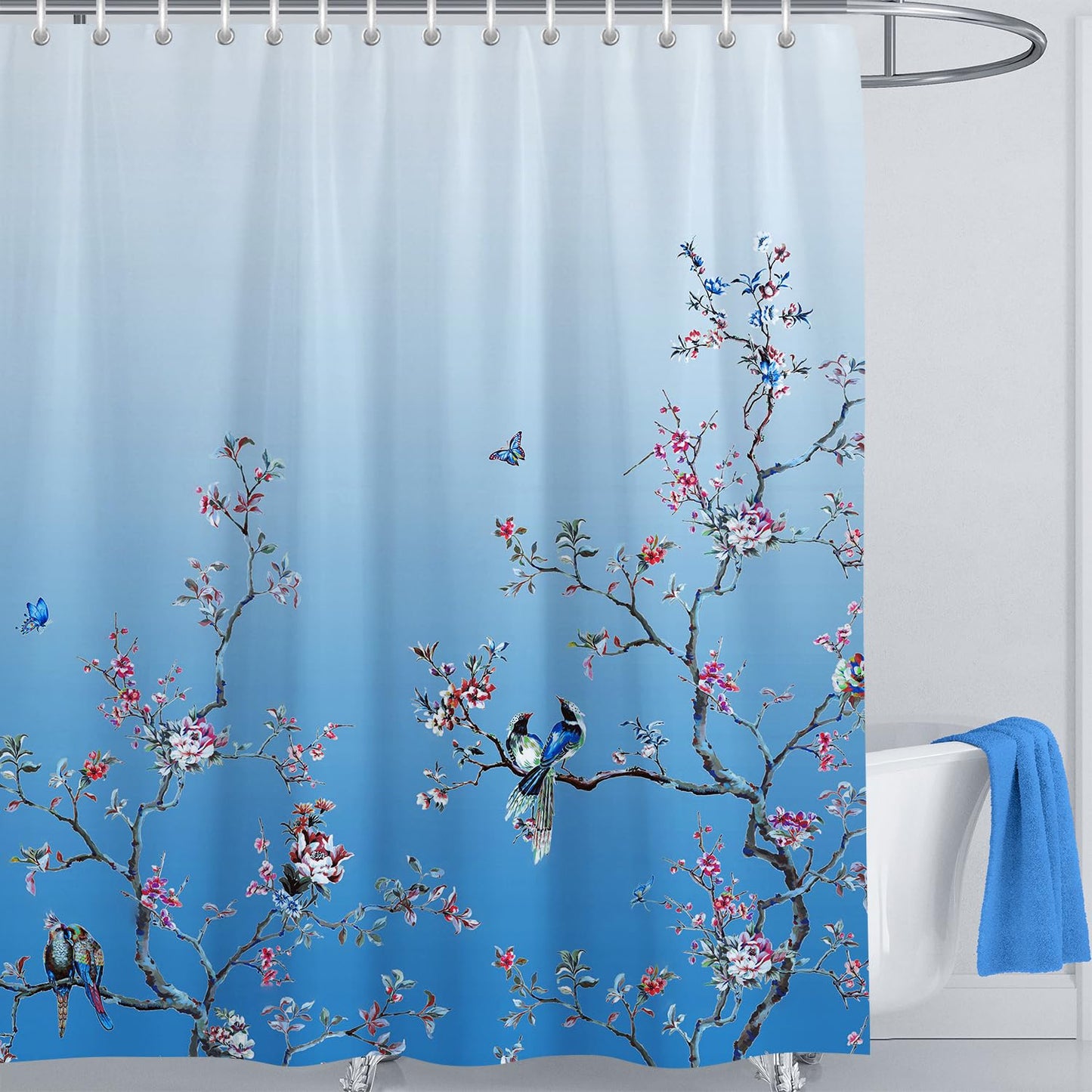 LIVETTY Shower Curtains Ombre Blue Bird Extra Long Shower Curtain 180cm ? 200cm Drop Floral Butterfly Fabric Bathroom Curtain Mould Proof Spring