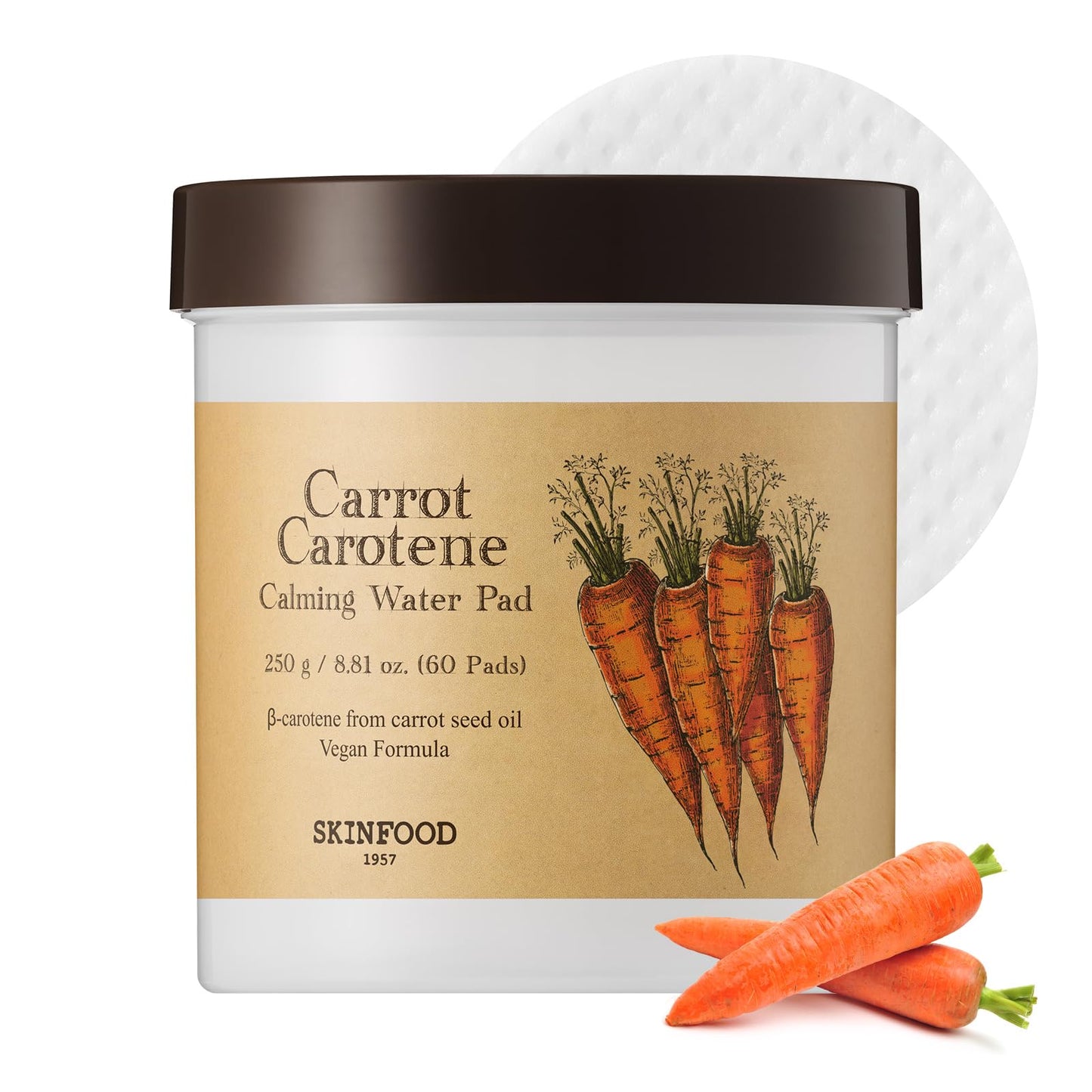 SKINFOOD Carrot Carotene Calming Water Pad 250g (8.81 oz.) 60 Sheets- Redness Relief Soothing Facial Cotton Pads for Sensitive Skin, Vegan, Cruelty