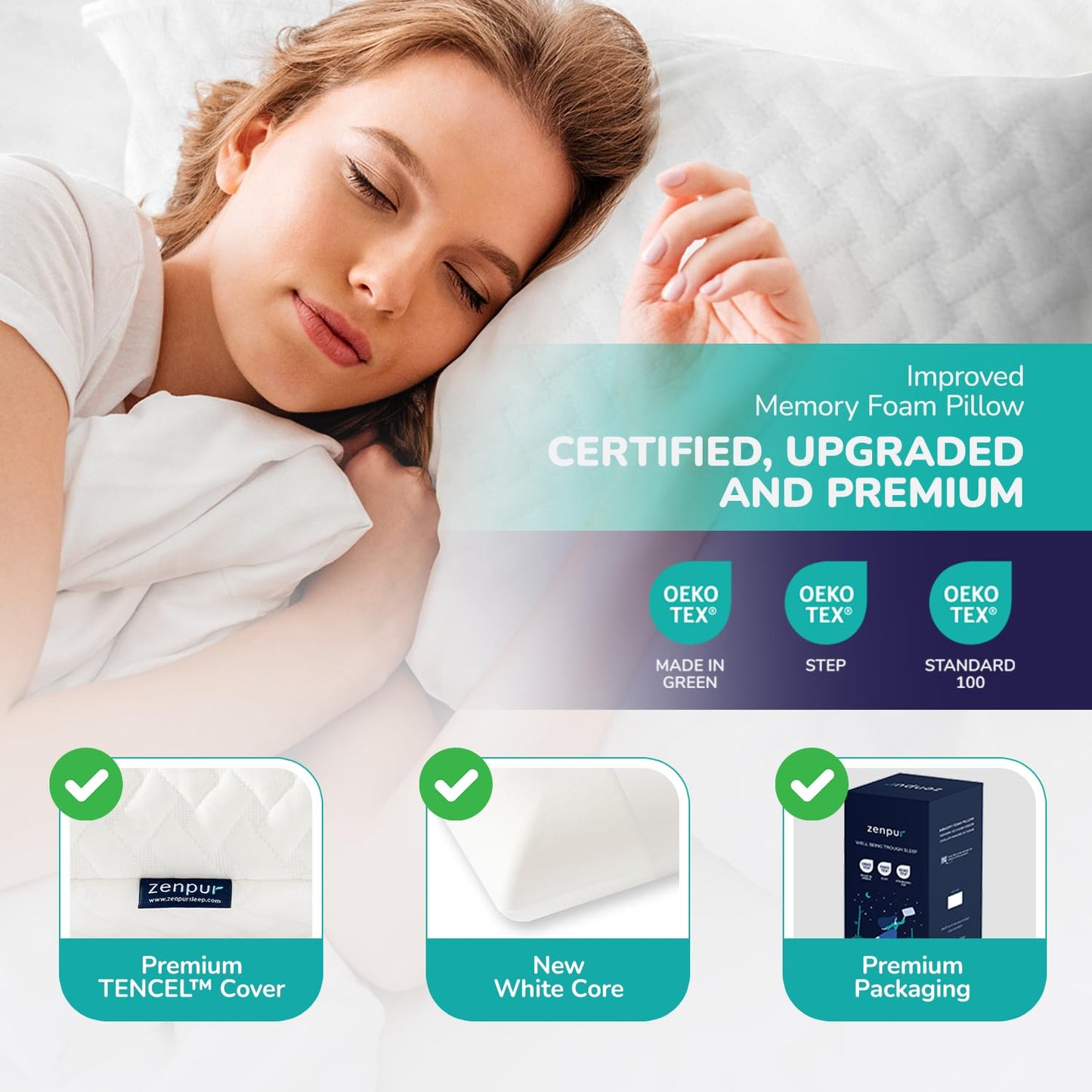 ZenPur Memory Foam Pillow - Orthopedic Neck Support, EU-Made, Side Sleeper Pillow with Bamboo Cover, Alleviates Neck, Shoulder Pain, and Aids Spine