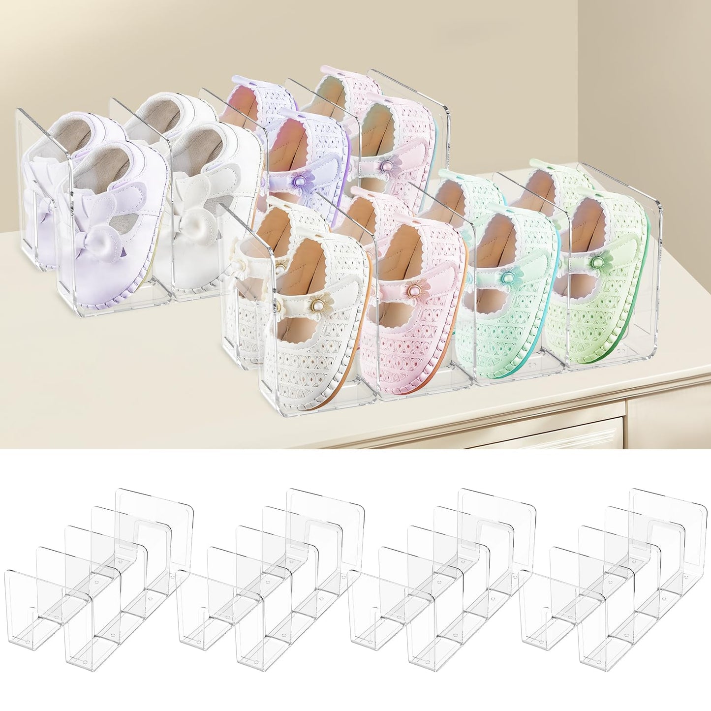 4 Pack Clear Acrylic Kids Shoe Rack for Closet Organizer 4 Sections Toddler Baby Shoe Storage Stackable Shoes Shelf Handbag Storage Desk File Sorter