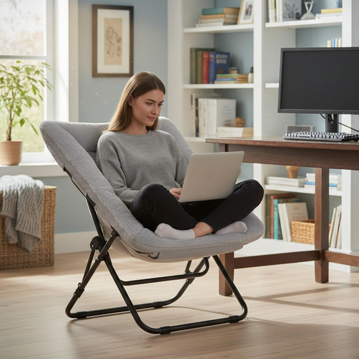 SESHINELL Comfy Saucer Lounge Chair, Oversized Foldable Faux Fur Moon Chair for Bedroom, Living Room, Dorm Rooms, Grey