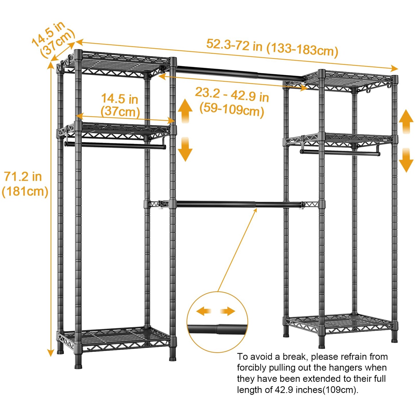 Ulif E7 Heavy Duty Clothing Rail, Extendable Rails, Clothes Rail, Black