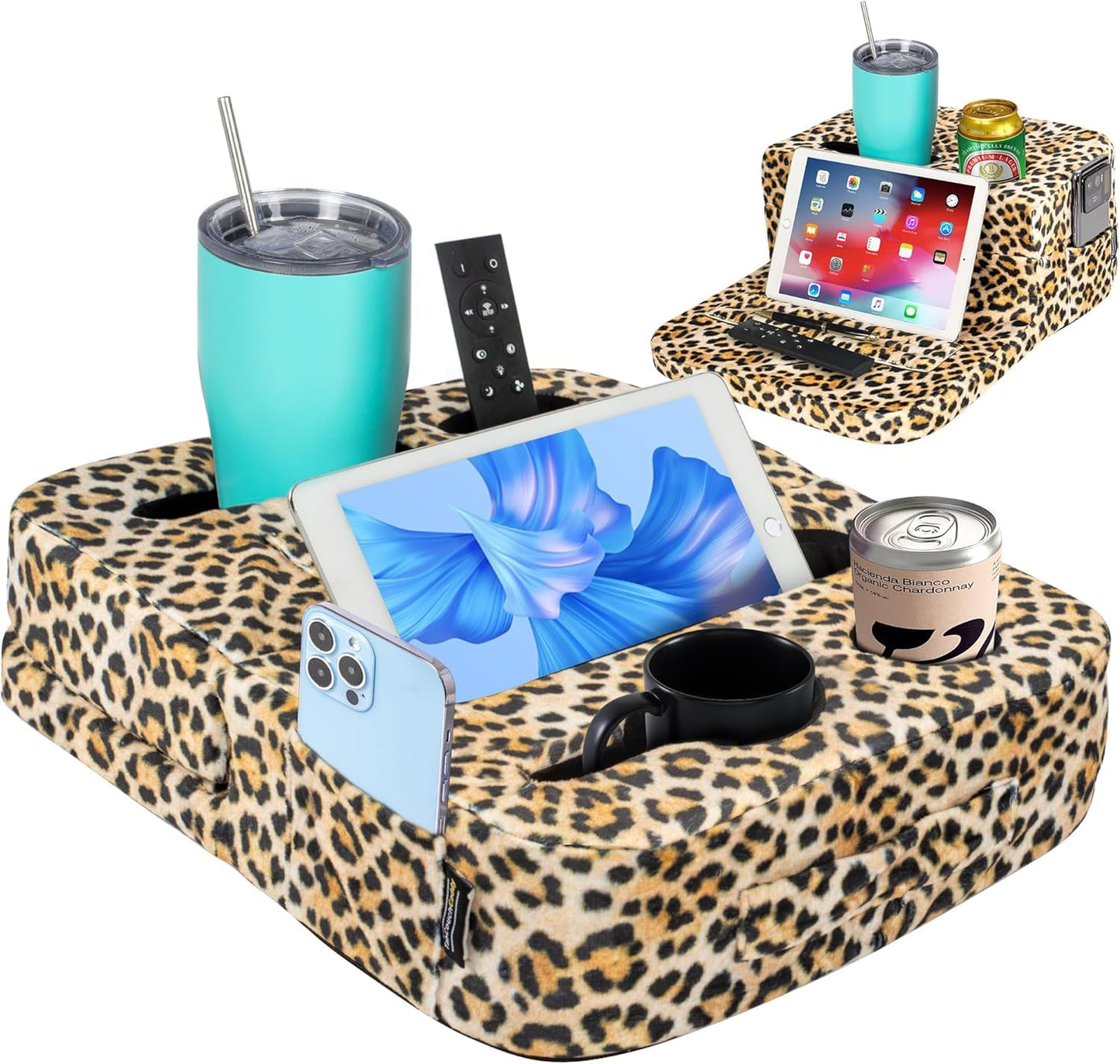 TabCouchCaddy - Couch Cup Holder Tray Pillow - Bed, Couch Caddy, Sofa, RV & Car - Holds Drinks, Snacks, Remotes, Phones, Kindle, Tablet