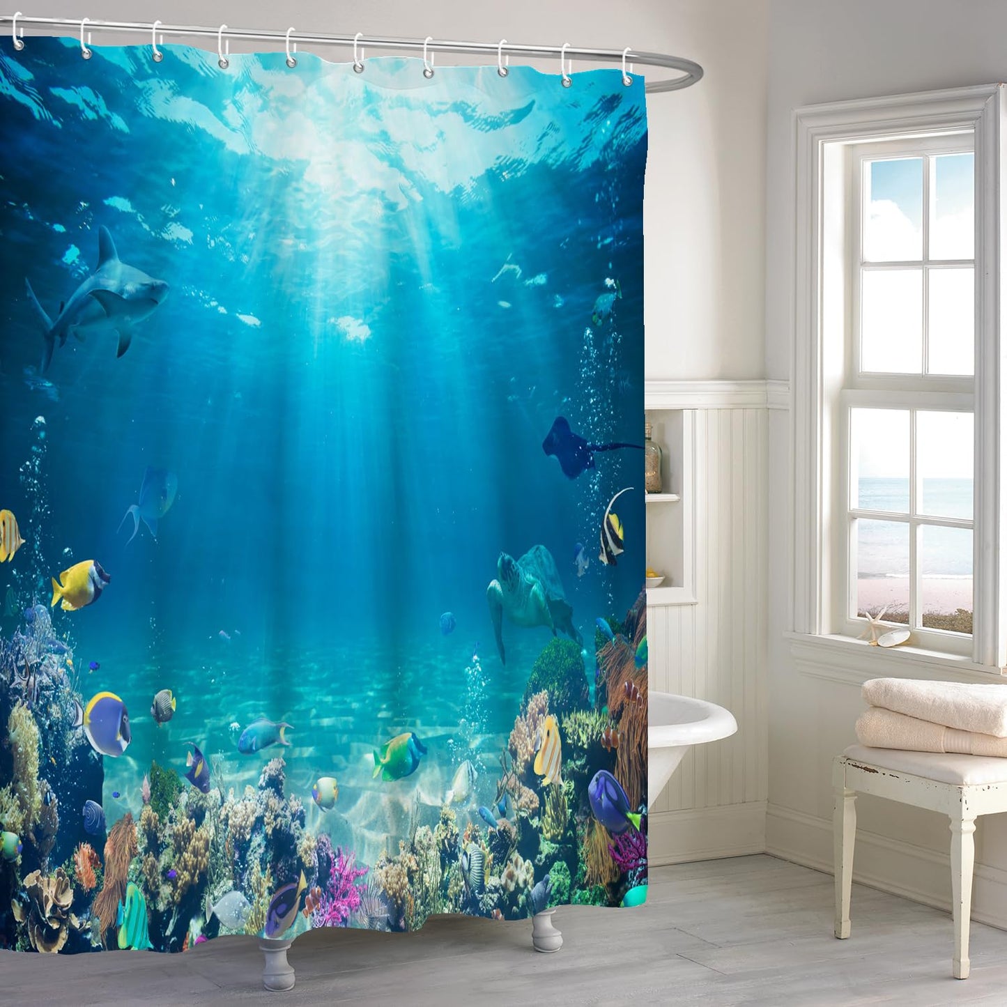 ASDCXZ Sea Floor Shower Curtain 180x200 cm, Blue Deep Sea Ocean Colorful Underwater World Shark Turtle Fish Washable Shower Curtains Polyester