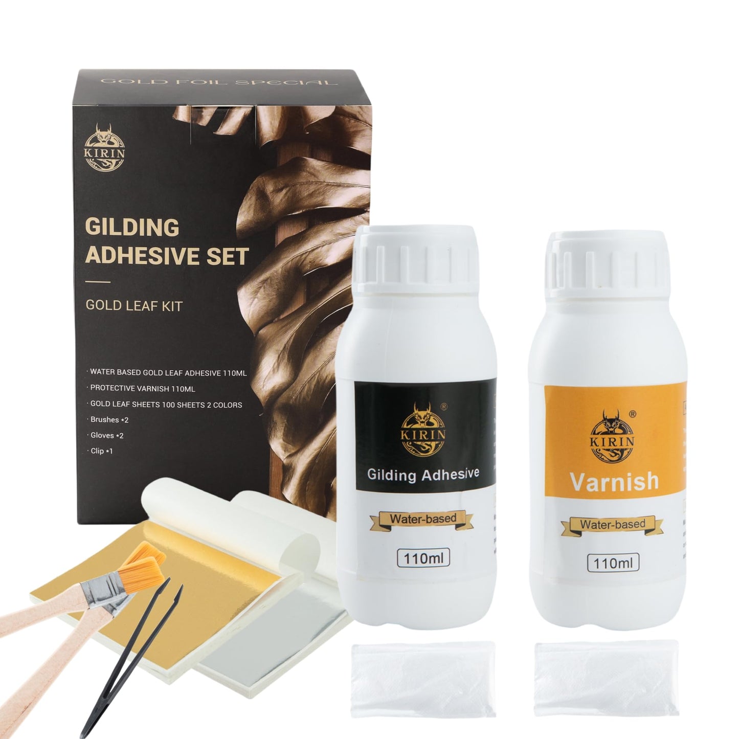KIRIN Gold Leaf Gilding Adhesive Set, 110ml Water Based Metal Leaf Glue, 110ml Varnish, 100Pcs Gold&Silver Leaf Sheets, 2 Brushes, 2 Gloves, 1 Clip,