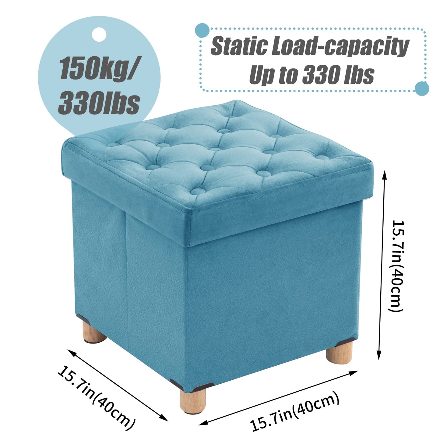 BRIAN & DANY Folding Storage Ottoman with Wood Legs, Velvet Footstools Cube for Living Room and Bedroom, 40x 40x 40 cm, Teal