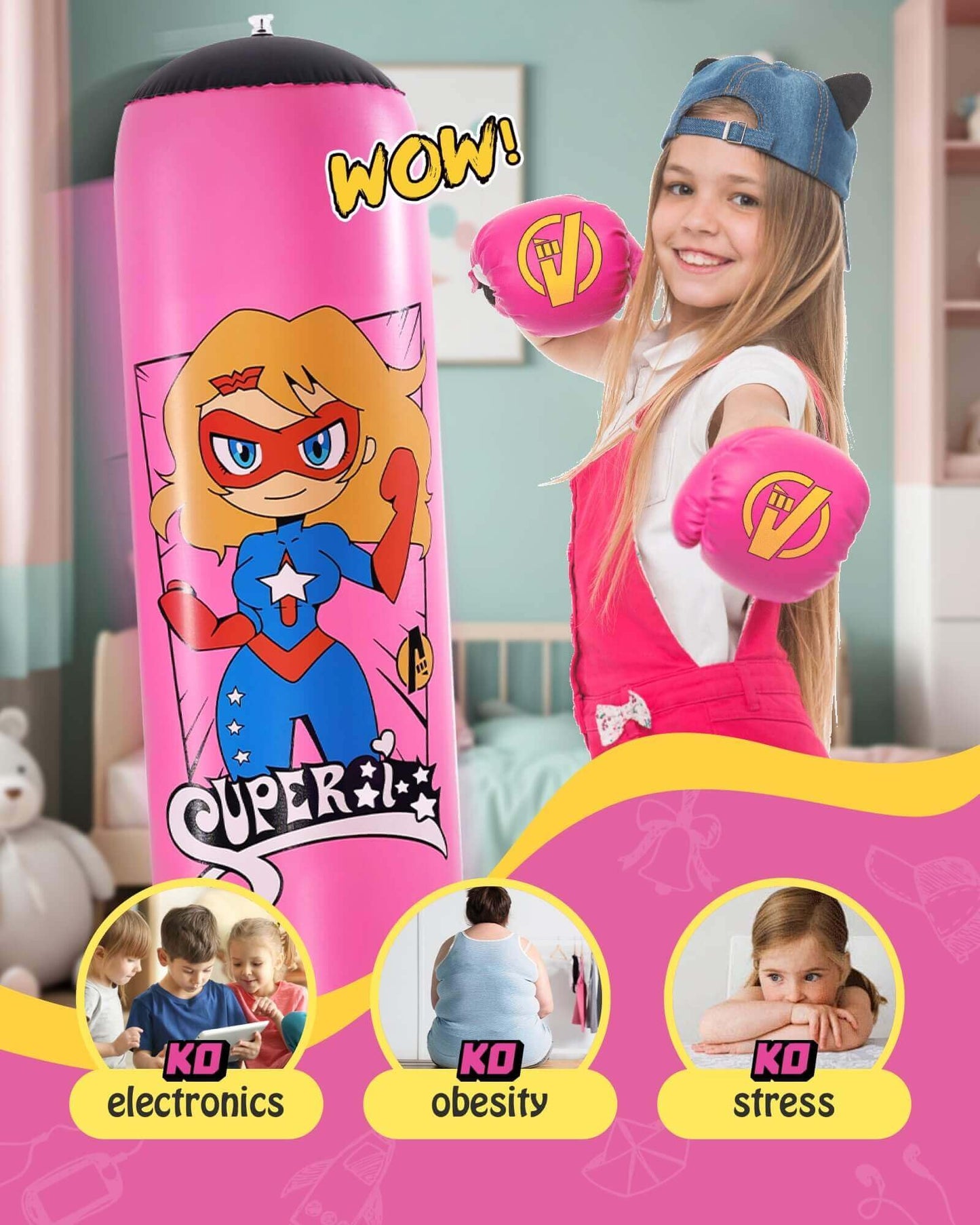 Punching Bag for Kids, Kids Boxing Set with Boxing Gloves 66" Large Inflatable Punching Bag,Gifts for Boys & Girls Age 5-12 for Practicing Karate,