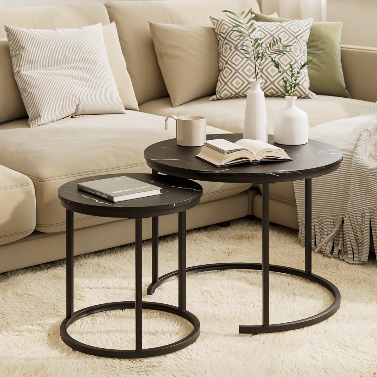 HEYZOEY Round Coffee Tables, Removable Set of 2 End Table, Nesting Tables with Metal Frame Legs and Black Top for Living Room, Bedroom, Office