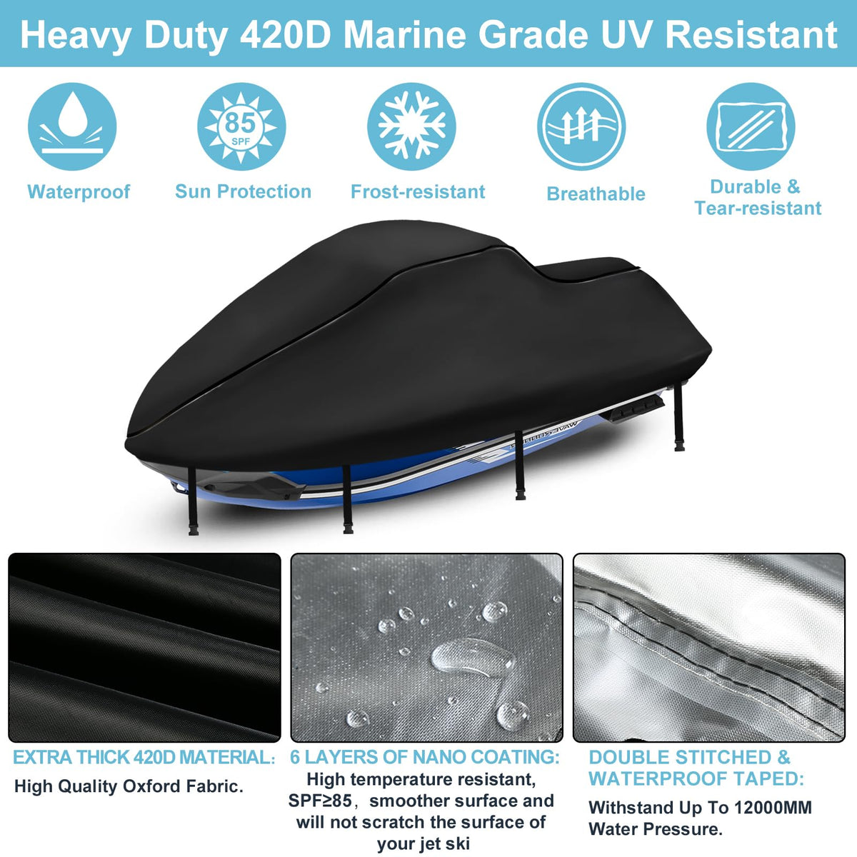 Jetski Covers 3 Seater, Upgraded Heavy Duty 420D Waterproof Motorboat Cover with 2 Air Vent Marine Grade UV Resistant for Seadoo,Kawasaki,Waverunner
