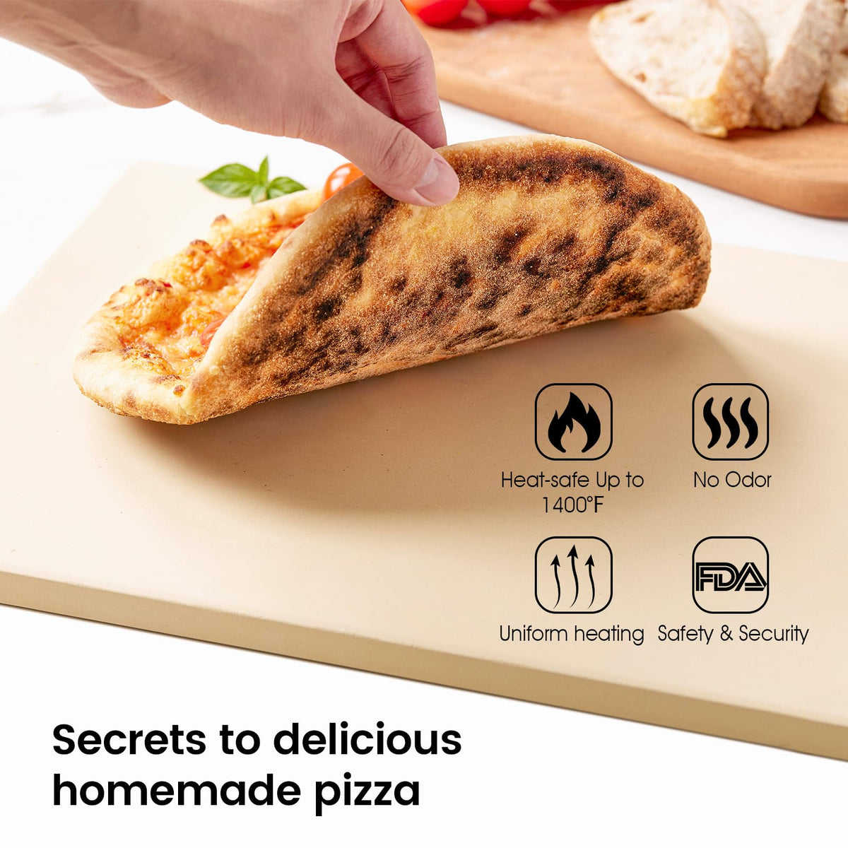 ROCKSHEAT Pizza Stone Set, 30 x 38cm Rectangular Pizza Stone for Oven Grill BBQ with Wooden Pizza Peel & Oven Mitts, Durable Cordierite Baking Stone
