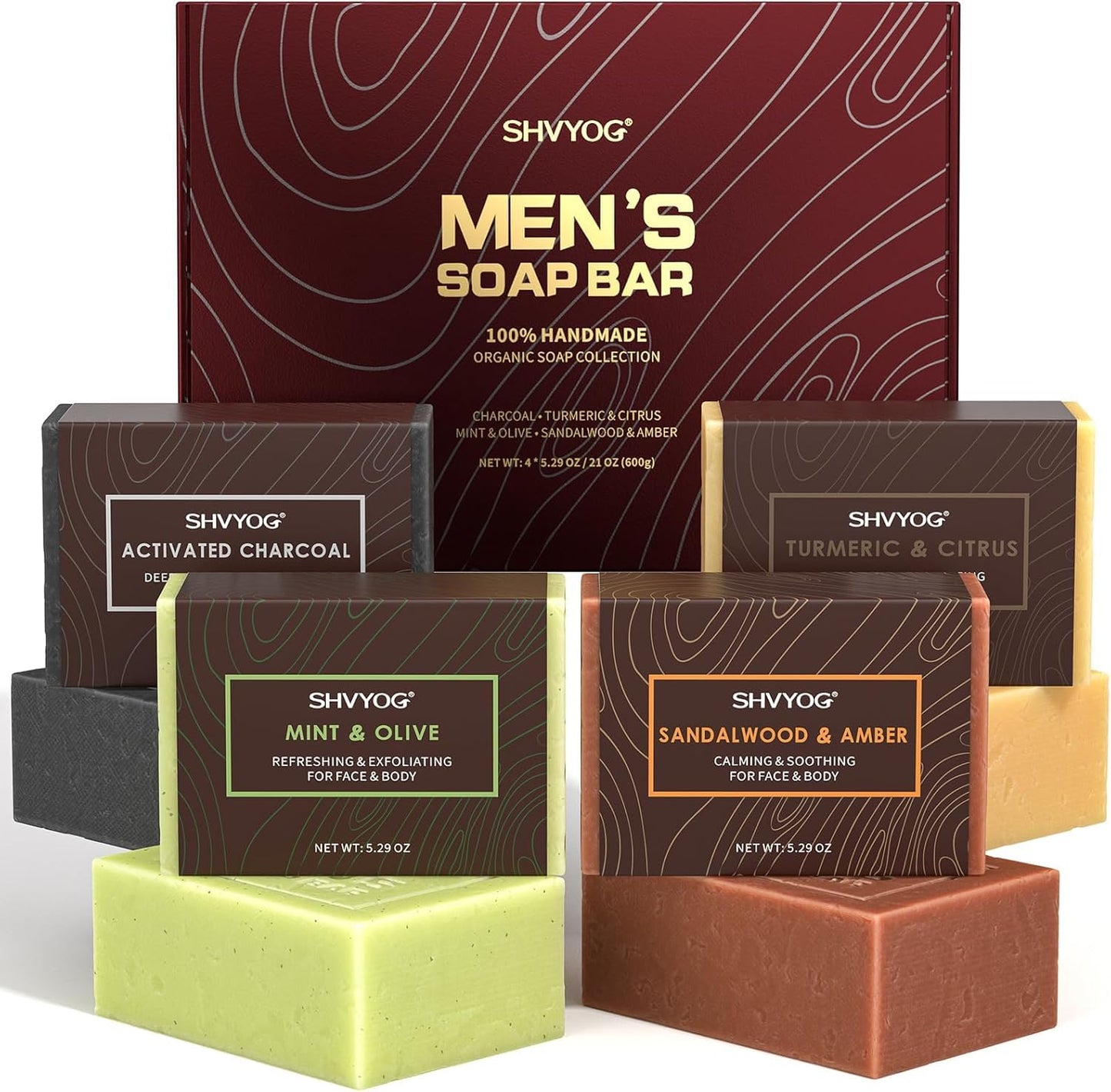 4 Pcs Natural Men`s Soap, SHVYOG Men`s Bar Soap, Handmade Exfoliating, Deep Cleansing, Refreshing, Moisturizing Bar for Body & Face - Sandalwood