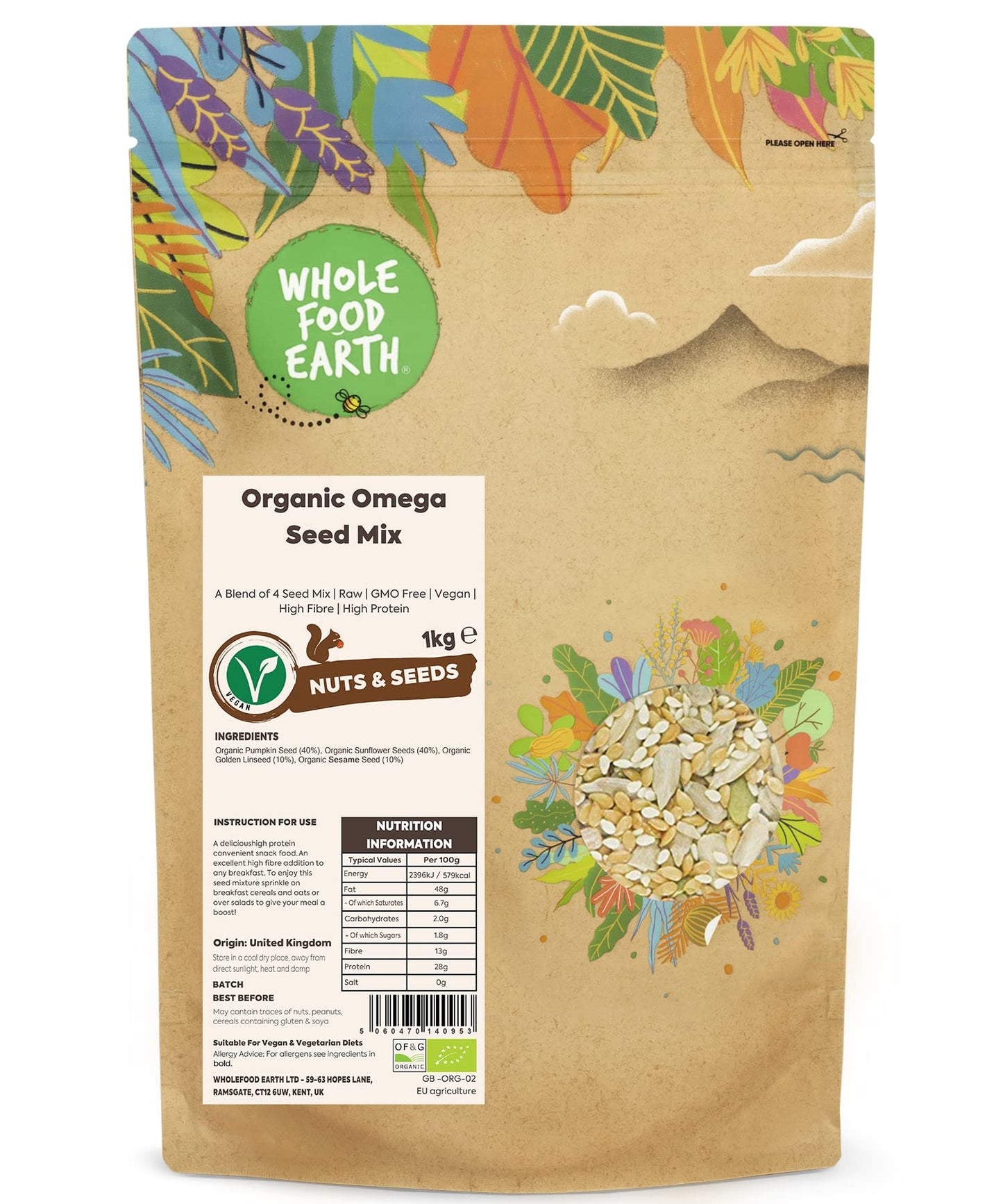 Whole Food Earth Organic Omega Seed Mix (A blend of Pumpkin, Sunflower, Sesame seeds and Flaxseed) 1kg