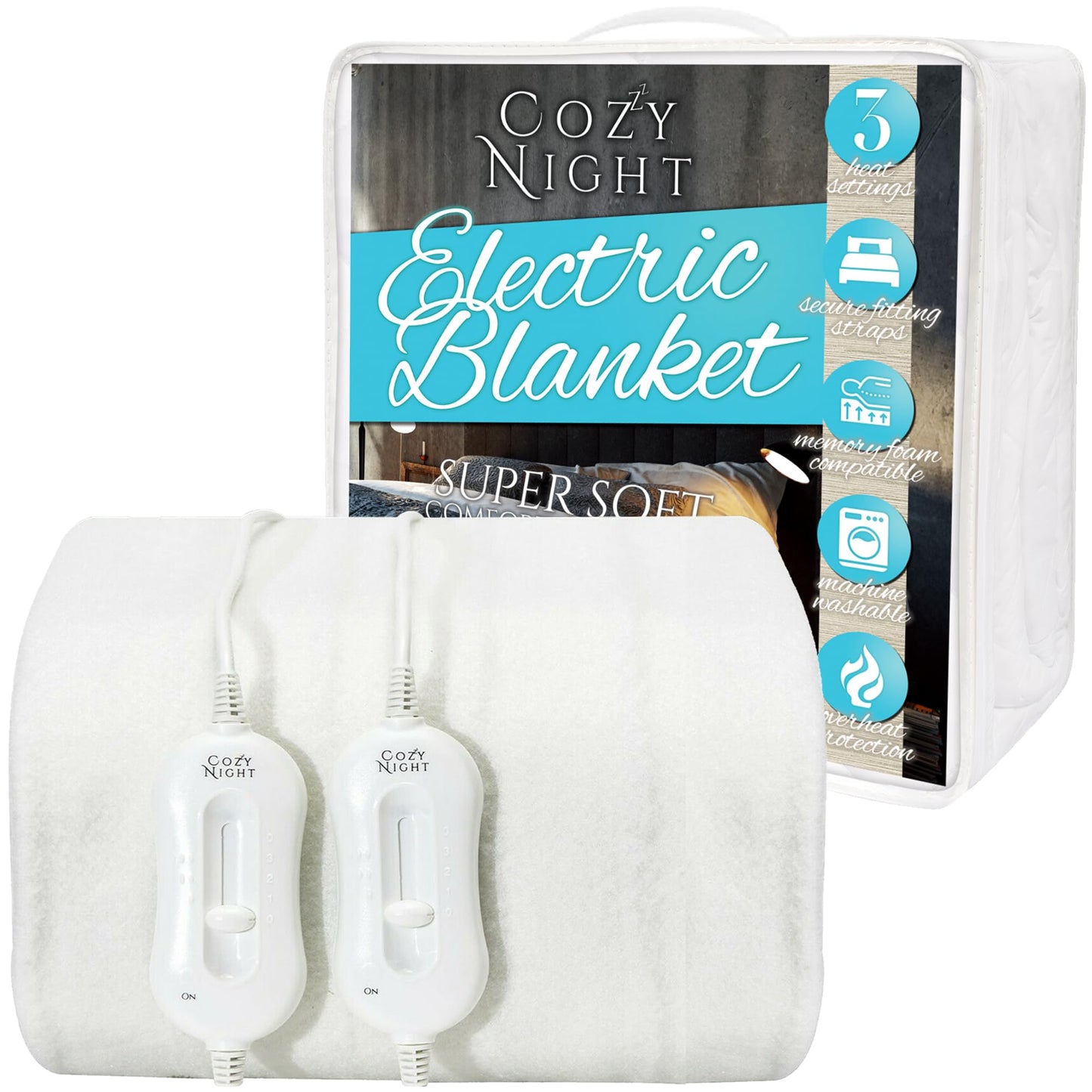 Cozy Night Double Electric Blanket, Size 140 x 192cm, Soft Fitted Underblanket Mattress Cover, Quick Fit Corner Straps, 3 x Heat Settings, Dual