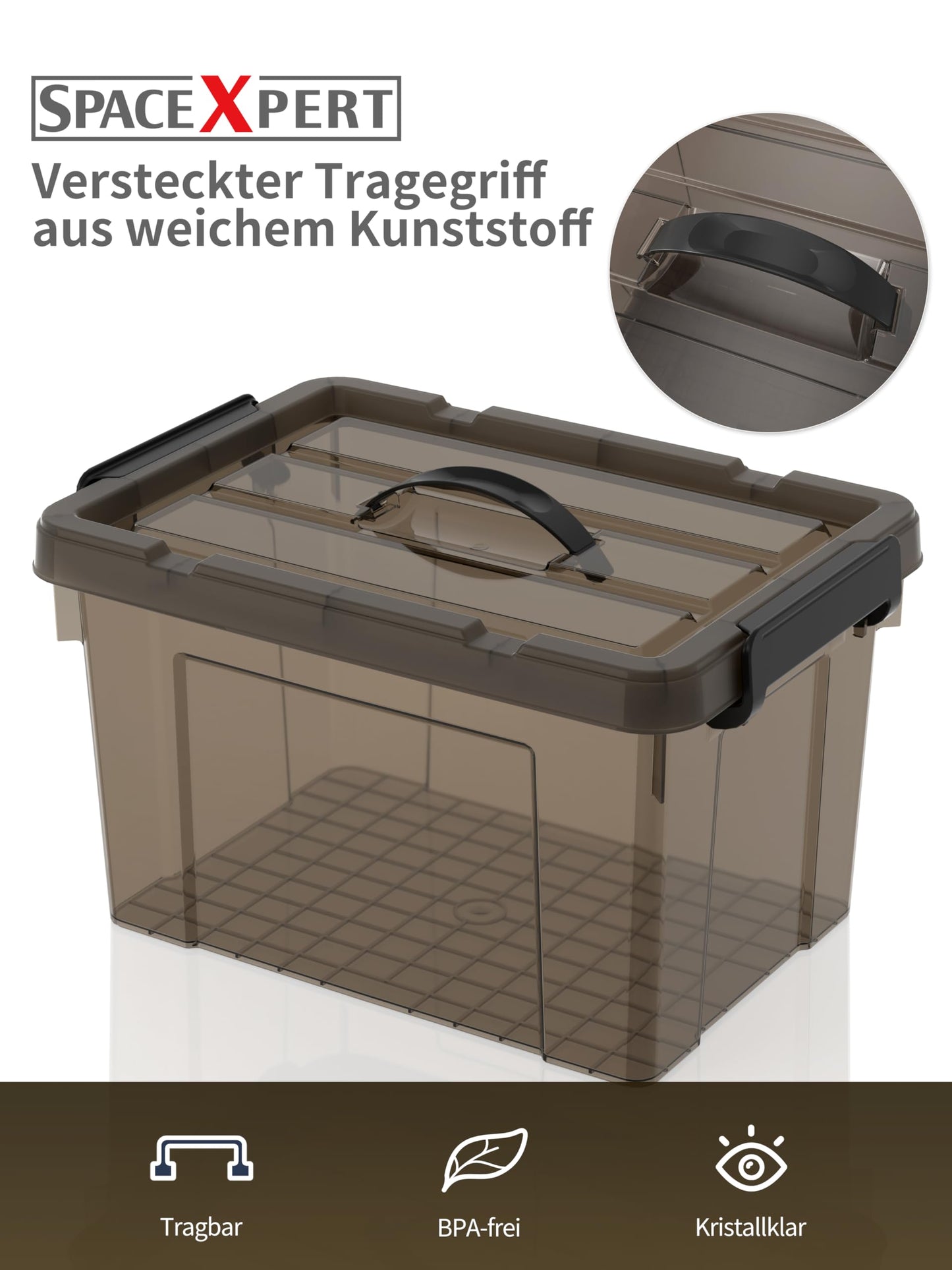 SpaceXpert Storage Boxes with Lid 65L, Plastic Storage Box with Handle, Stackable Container for Home Office Garage Accessories, Hand-Carryable Bin
