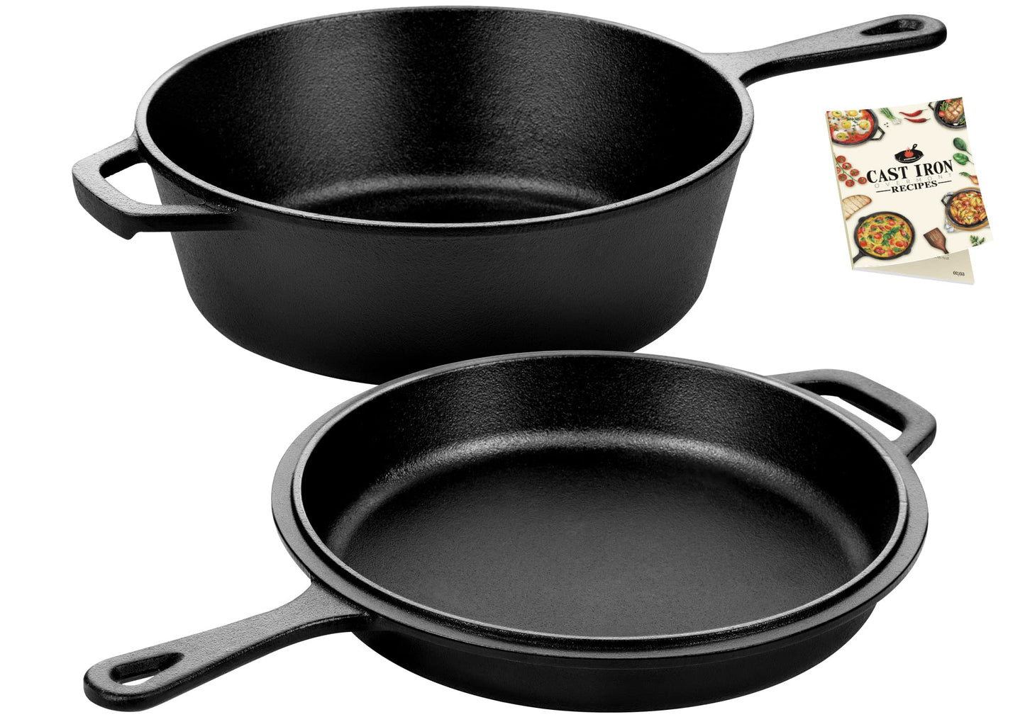 Overmont Pre-Seasoned 3L/3.2 quart Cast Iron Combo Cooker with Lid,2 in 1 with Cookbook Recipe,3L Dutch Oven, 1.4L Skillet, Grill Griddle Works on
