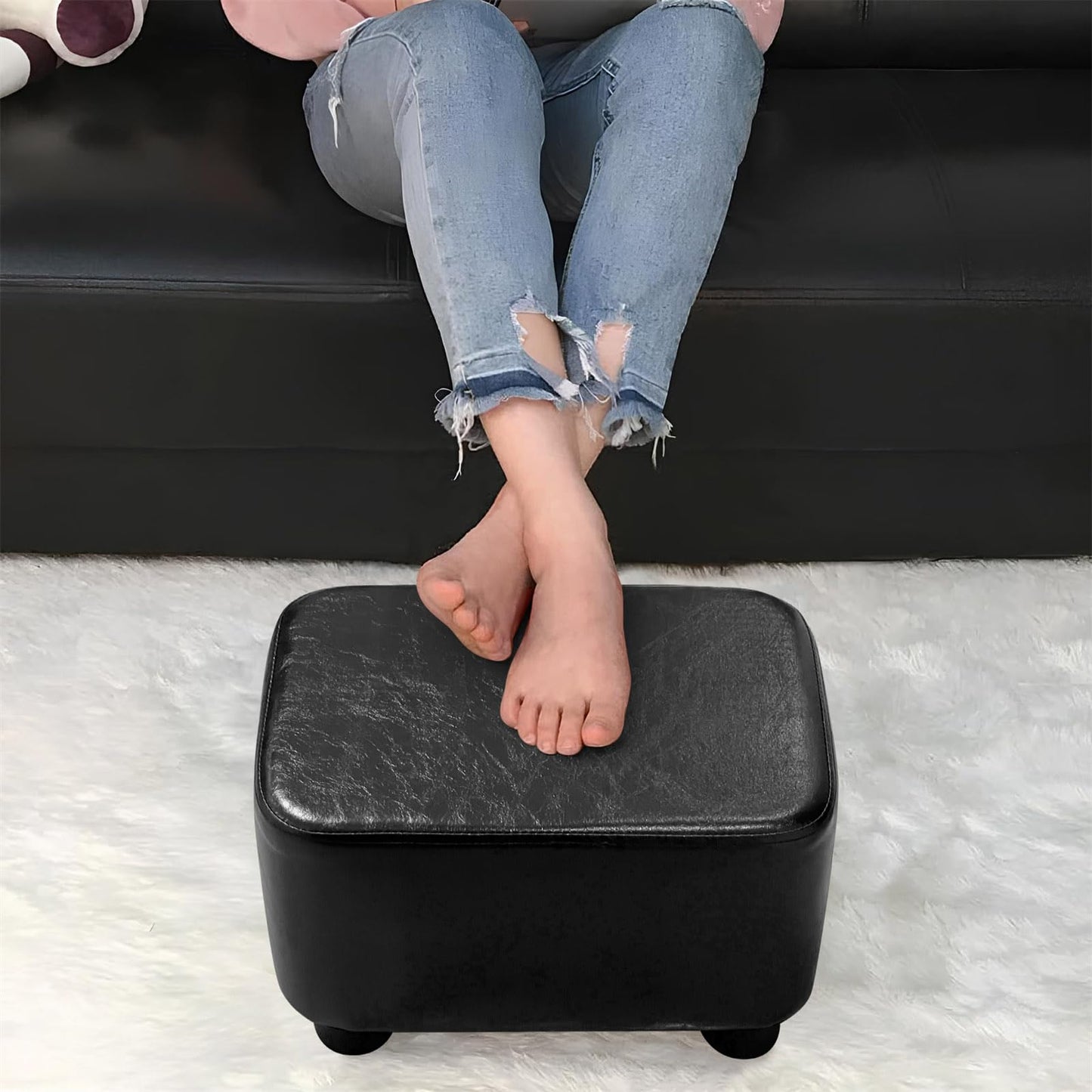Solafas Small Footstool Footrest Pouffe Chair Stool Ottoman for Bedroom Living Room (Black)