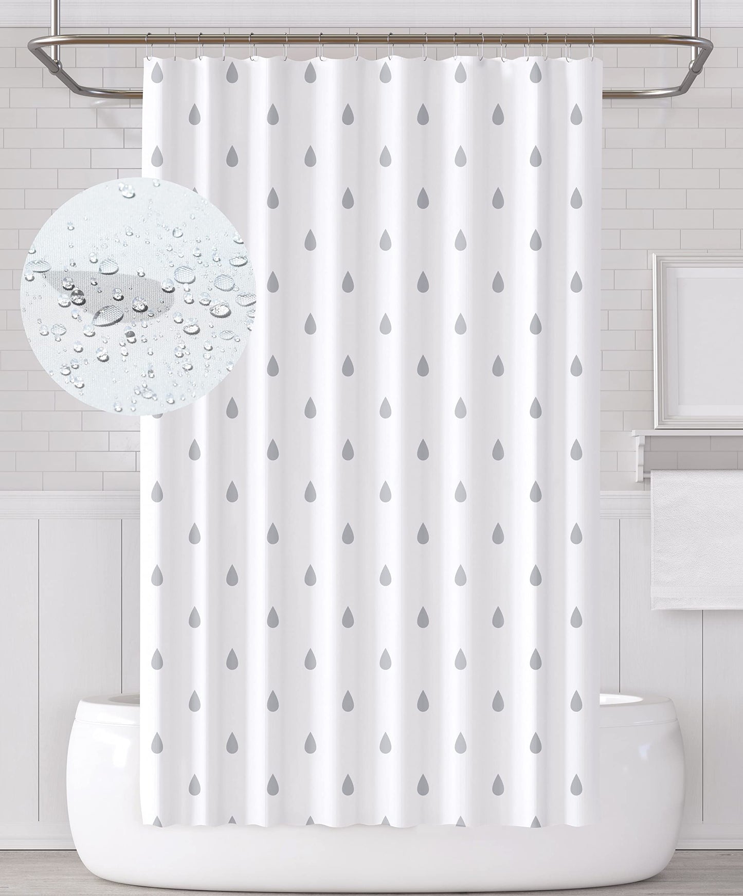 YOUNG DA Fabric Shower Curtain Grey & White Water Droplets Design for Bathroom, Shower Curtains Mould Proof Resistant 72x72 inch, Washable Fabric,