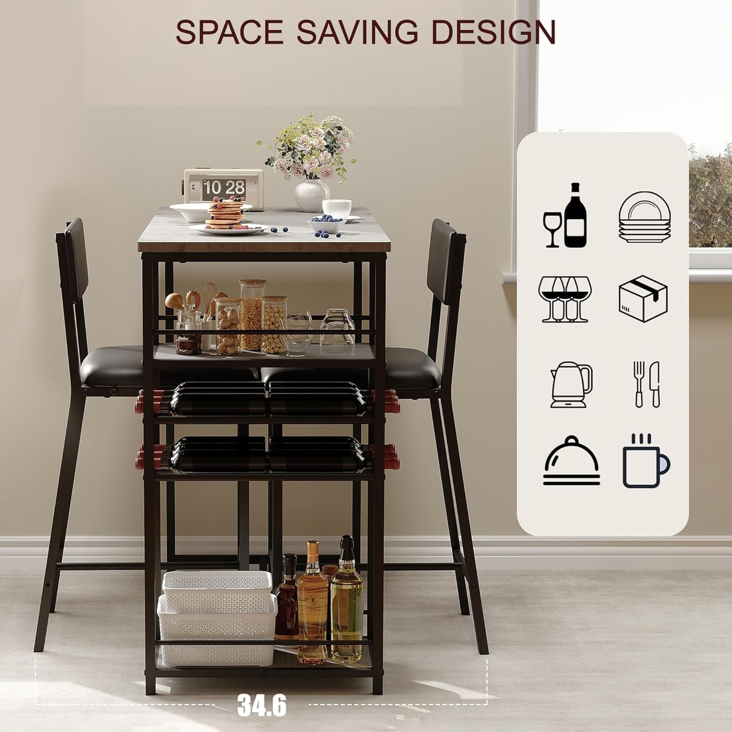 Techigher Bar Table Set, Dining Tables with 2 Upholstered Chairs, 3 Piece Counter Height Kitchen Table Set with 2-Tier Storage Shelves & 2 Wine Racks