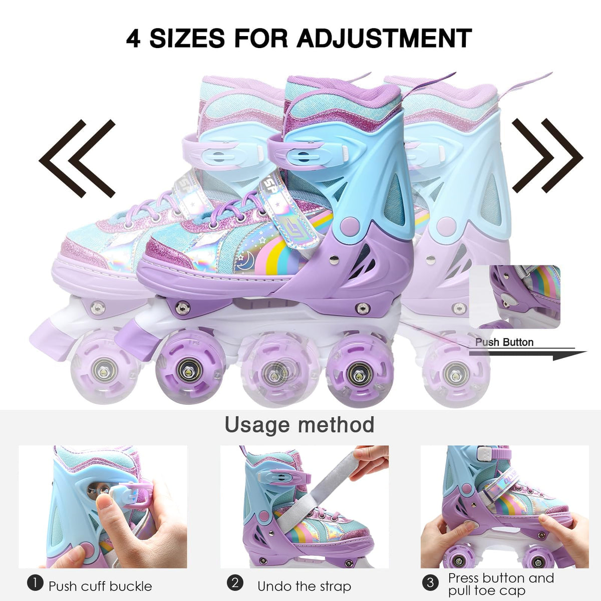 OLYSPM Roller skates kids Roller boots,8 Light up Wheels and 4 Sizes Adjustable,Quad skates with storage bag,Double-row Roller Skates for girls,boys