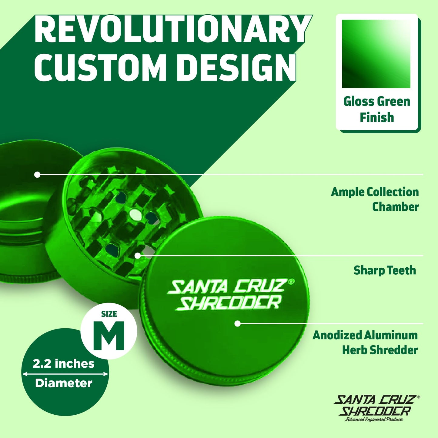 Santa Cruz Shredder Herb Grinder 3 Piece Medium 2 1/8" Superior Grip and Aluminium (Green)
