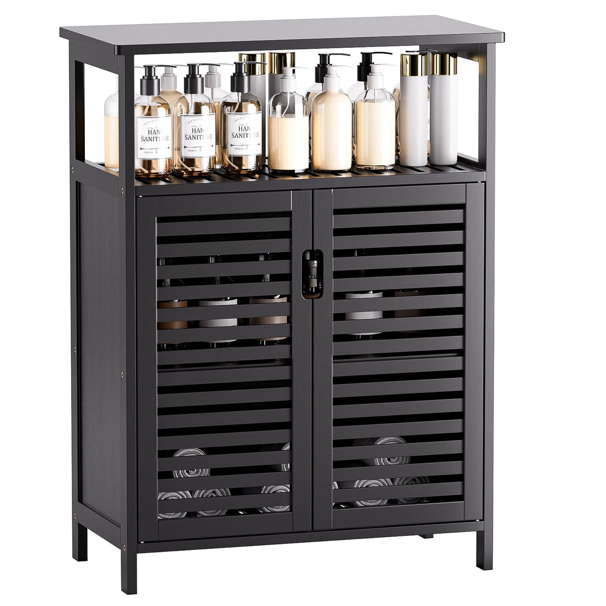 HITNET Bathroom Floor Cabinet, Freestanding Side Storage Organizer, Small Kitchen Pantry Cupboard Bamboo with 2 Doors and Open Shelf, Black