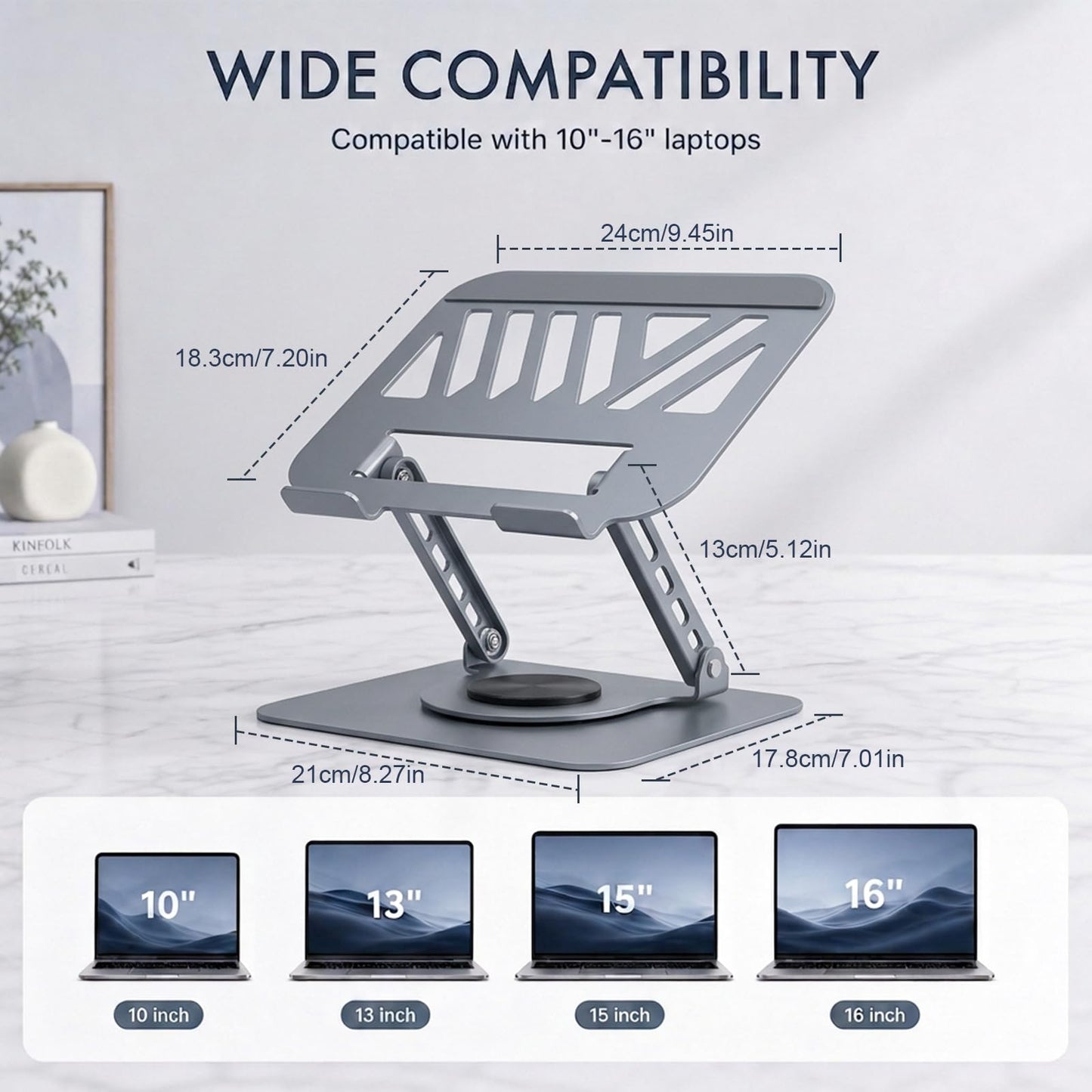 Hmeuest Adjustable Laptop Stand with 360° Rotating Base, Ergonomic Aluminium Laptop Riser for Desk