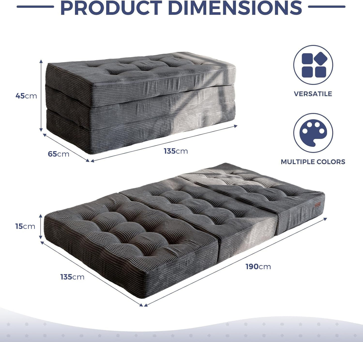 MAXYOYO Folding Mattress, Comfy Corduroy Foldable Mattress with 15cm Thicken Foam, Tri-Fold Floor Futon Sofa Bed for Guest,Dark gray,Double