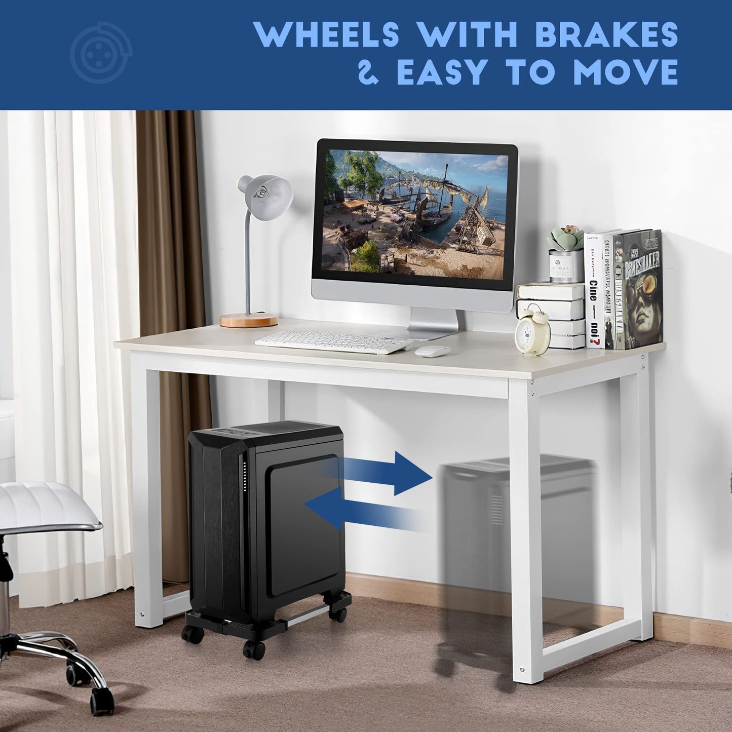 Hmseng Pc Stand, Adjustable computer tower stand, Cpu Stand with 4 Rolling Caster Wheels,Fits Most PC Under Desk-Black