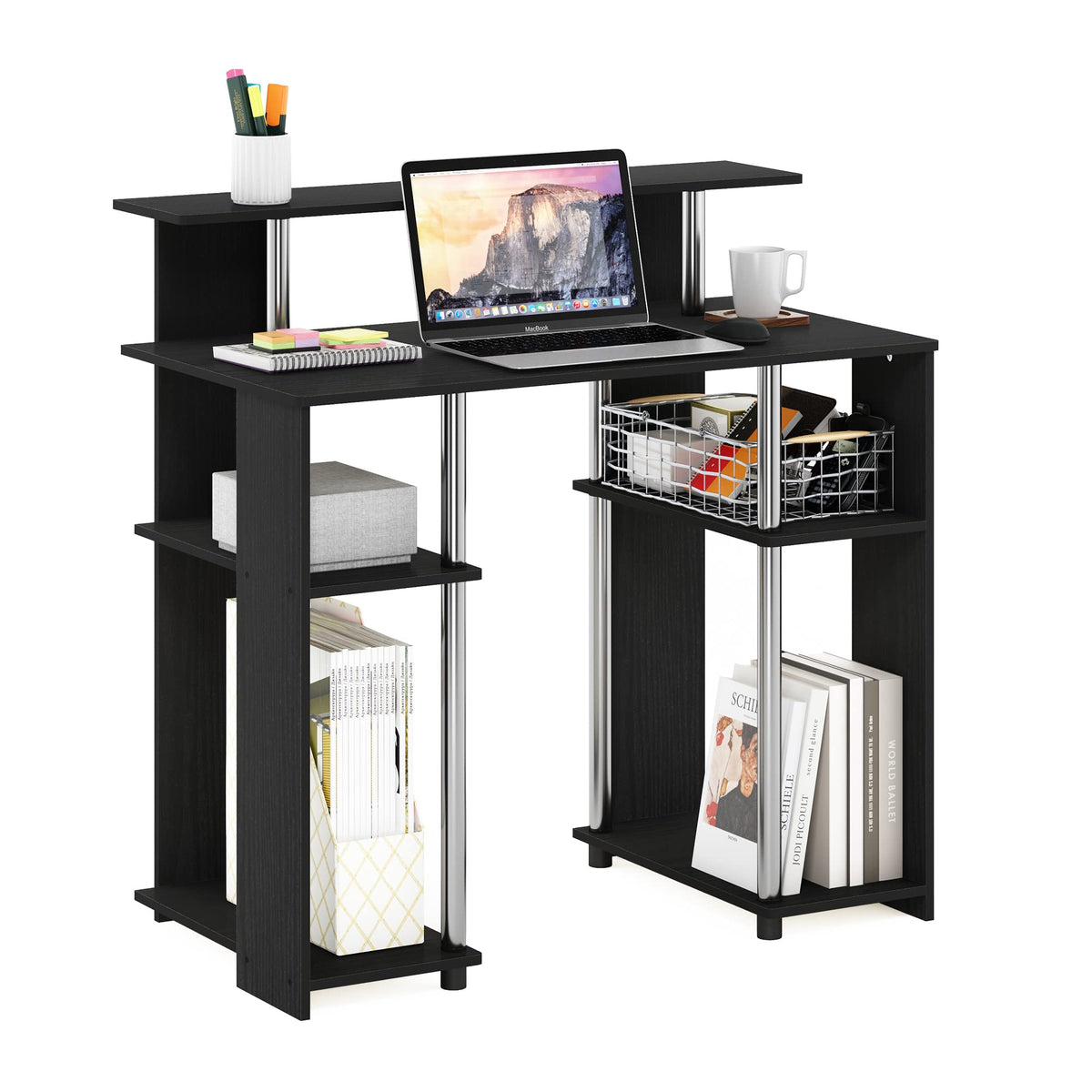 Furinno Computer Writing Desk, Engineered Wood, Americano/Stainless Steel, 51.49 (D) x 90.5 (W) x 90.6 (H) cm