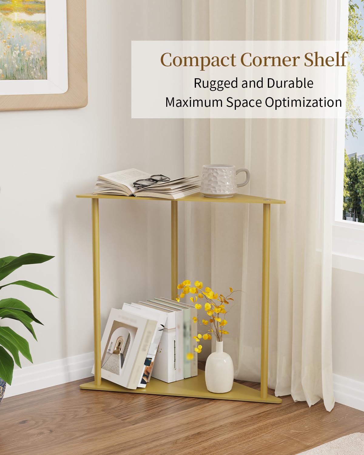 Yawinhe Triangle Metal Side Table,2-Tier Small Corner Table,Golden,2 Pack