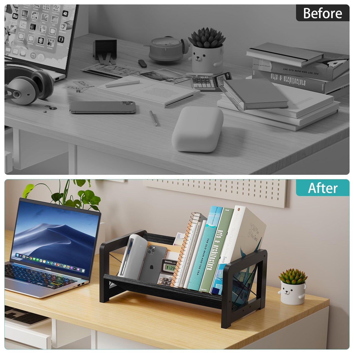 ELITEROO Desk Bookshelf, Small Book Shelf, Wooden Desktop Bookcase, Tilting Table Top Bookshelf for Home Office, for Book Display, Cookbook Storage