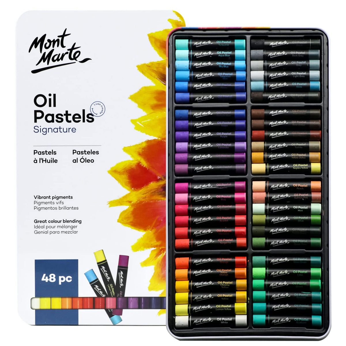 MONT MARTE Oil Pastels in Tin Box Signature 48pc, 48 Assorted Colours, Vibrant Oil Pastel Set, Great Blending and Layering, Comes in Storage Case,
