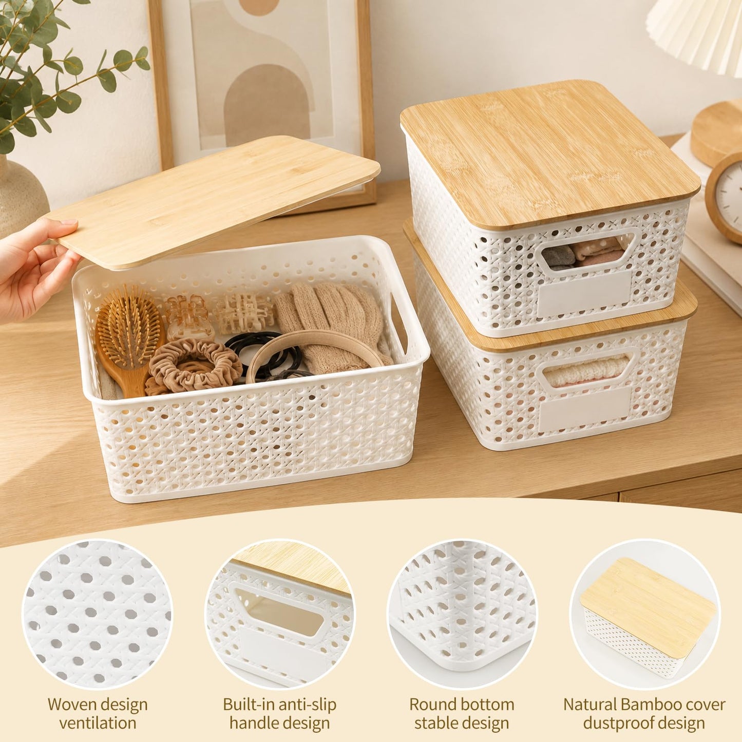Yekolau 6 Pack Storage Bins for Shelves, Plastic Storage Containers with Bamboo Lids for Organizing, Stackable Storage Boxes with Handle