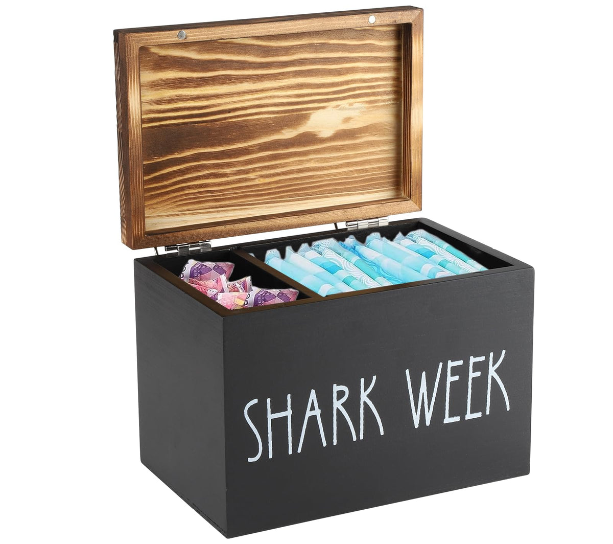 Gzsekken Shark Week Period Box with Lid,2-Compartment Tampon Holder & Sanitary Storage Box,Rustic Wood Bathroom Box Sanitary Pad Tampax Organiser for
