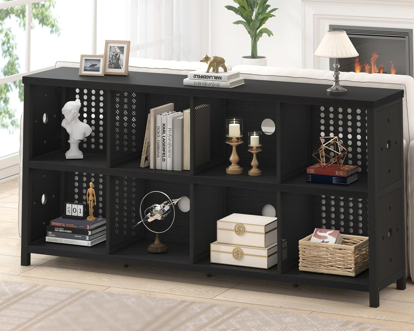LVB Black Horizontal Bookshelf, Modern Cube Storage Organizer Bookcase, Industrial Wide Long Wood Metal Book Shelf