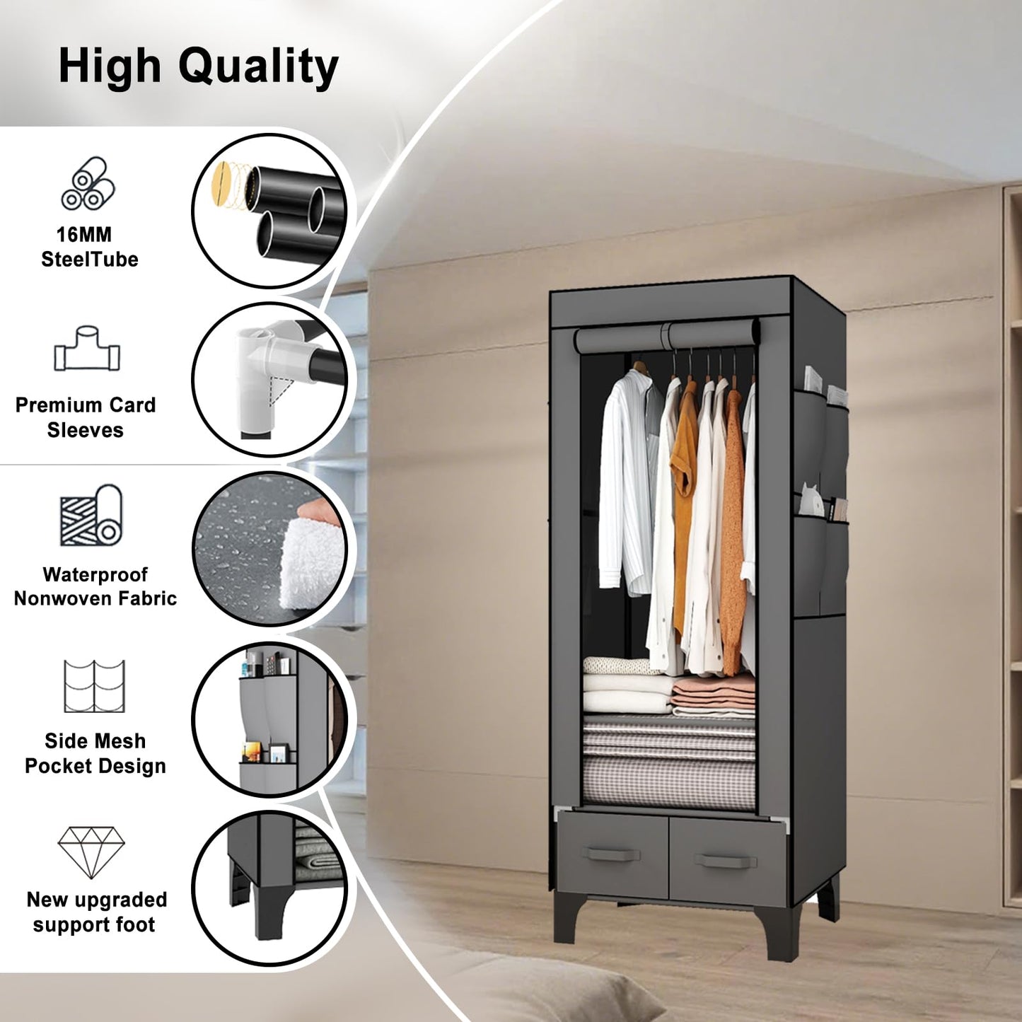 OPPAIYA Canvas Wardrobe, Temporary Wardrobes With Hanging Rails, 2 Shelves、8 Side Bags & 2 drawer