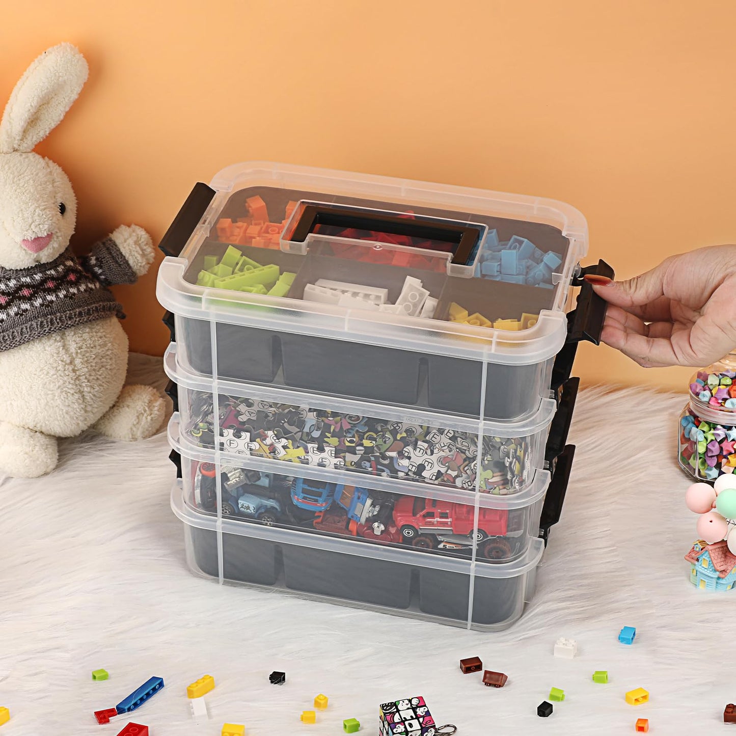IGNPION Stackable Storage Box, 4 Layer Adjustable Plastic Storage Box with Carrying Handle Transparent Organizer Containers for Arts and Crafts Toys
