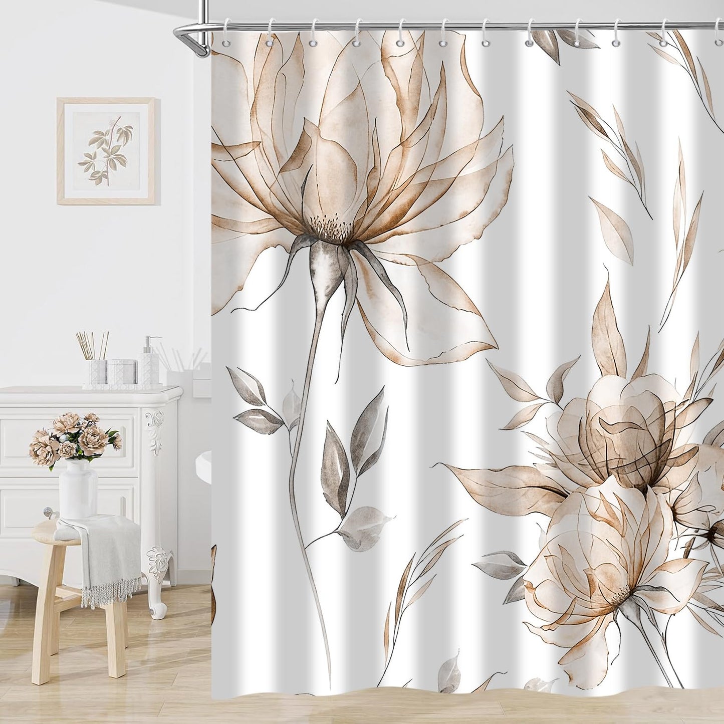 Hnmdmyi Watercolor Floral Shower Curtain 180x200, Brown Boho Flower Leaf Modern Minimalist Aesthetic Art Bathroom Curtains Waterproof Polyester