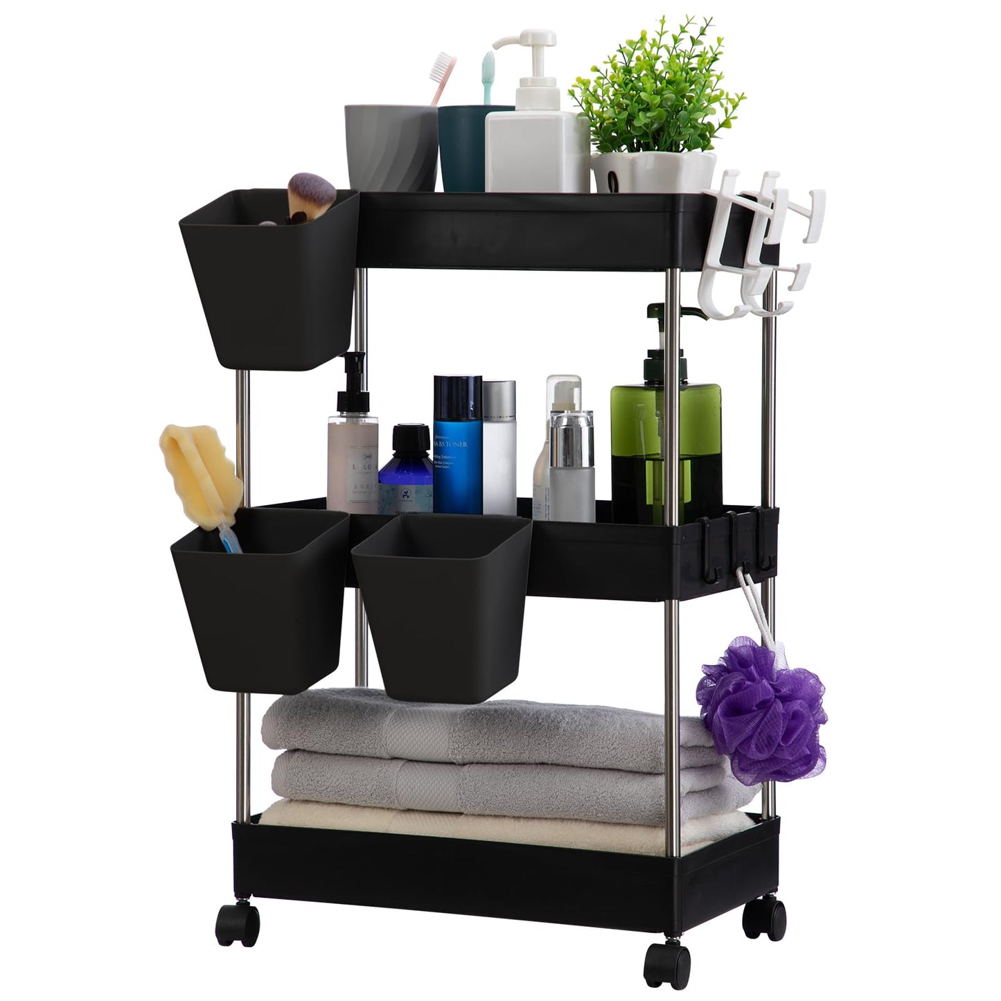 DOEWORKS Storage Trolley Cart, 3-Tier Storage Cart with Wheels Rolling Utility Cart with Hanging Cups Multi-Purpose Storage Shelf Rack for Kitchen