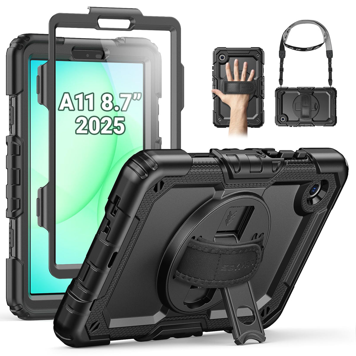 SEYMAC Case for Samsung Galaxy Tab A11 (2025) 8.7 inch, Shockproof with Screen Protector, Hand Strap & Rotating Stand, Shoulder Strap, Protective Case