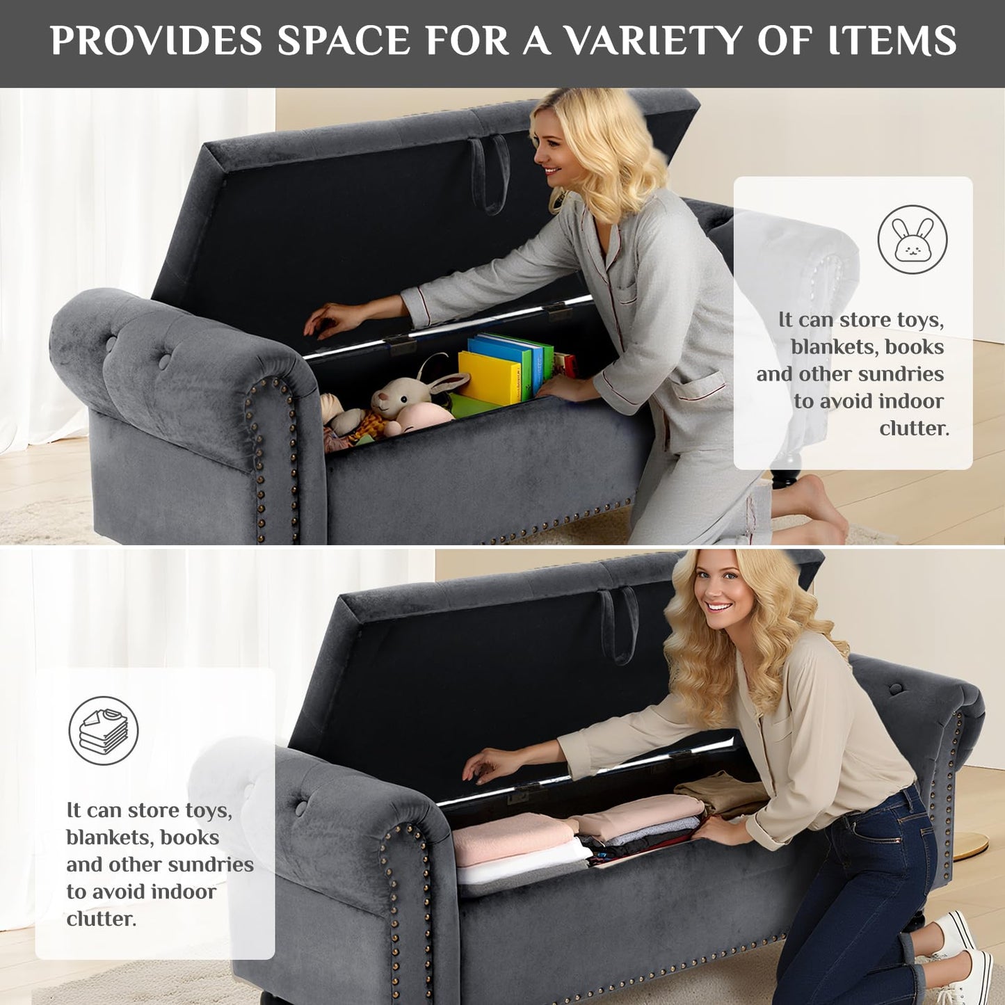 Clevich Ottoman Storage Bench, Velvet End of Bed Storage Box with Lid, Sturdy Wood Legs Footrest, 168KG Load Capacity